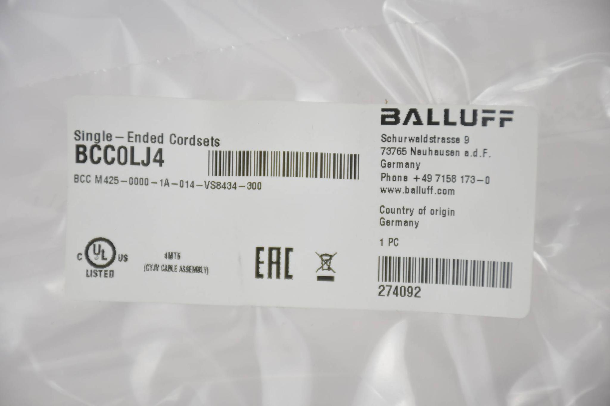 Baluff Anschlussleitungen 30m M12x1 BCC0LJ4 ( BCC M425-0000-1A-014-VS8434-300 )