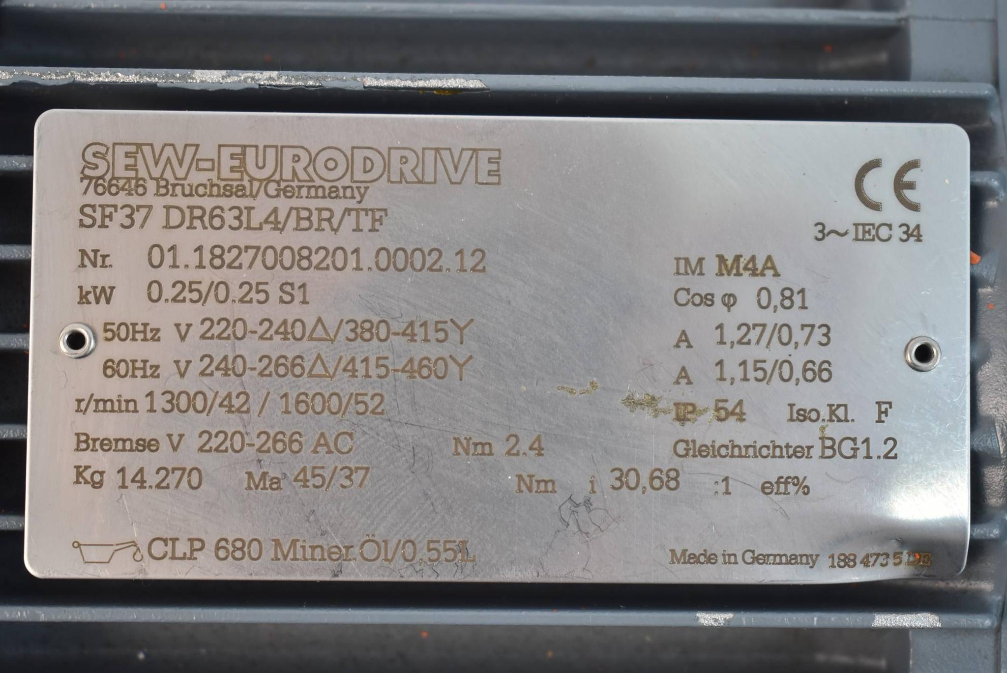 Produktfoto 3 von SEW eurodrive Getriebemotor SF37 DR63L4/BR/TF ( 0,25kW 1300-1600r/min. )