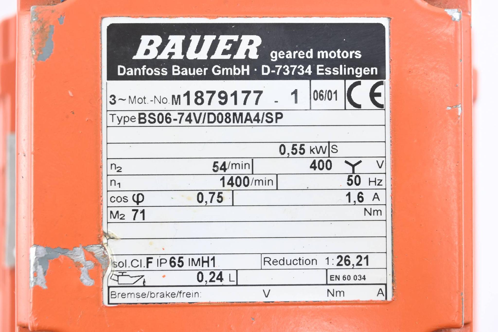 Produktfoto 2 von Bauer Getriebemotor BS06-74V/D08MA4/SP ( 50Hz 0,55kW 1400/min )