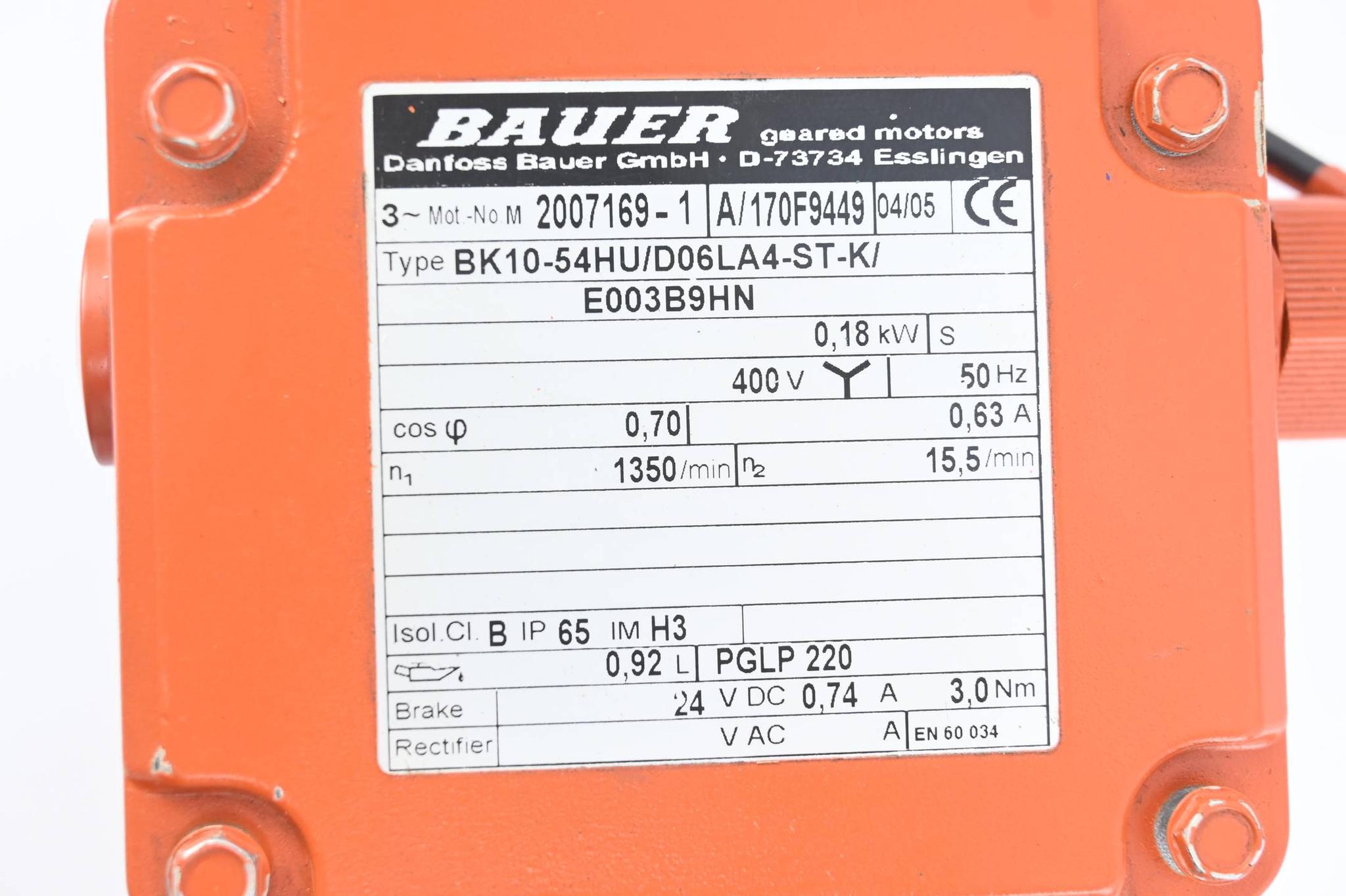 Produktfoto 2 von Bauer Getriebemotor BK10-54HU/D06LA4-ST-K/E003B9HN ( 50Hz 0,18kW 1350/min )