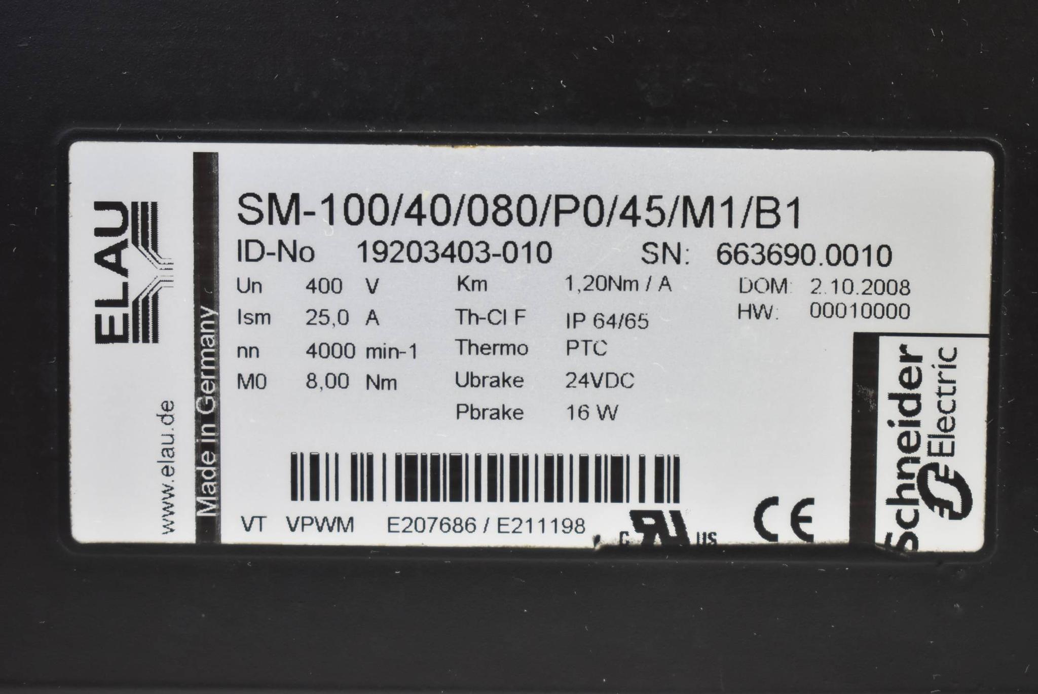 Produktfoto 4 von Elau Schneider electric Servomotor 4000min-1 SM-100/40/080/P0/45/M1/B1