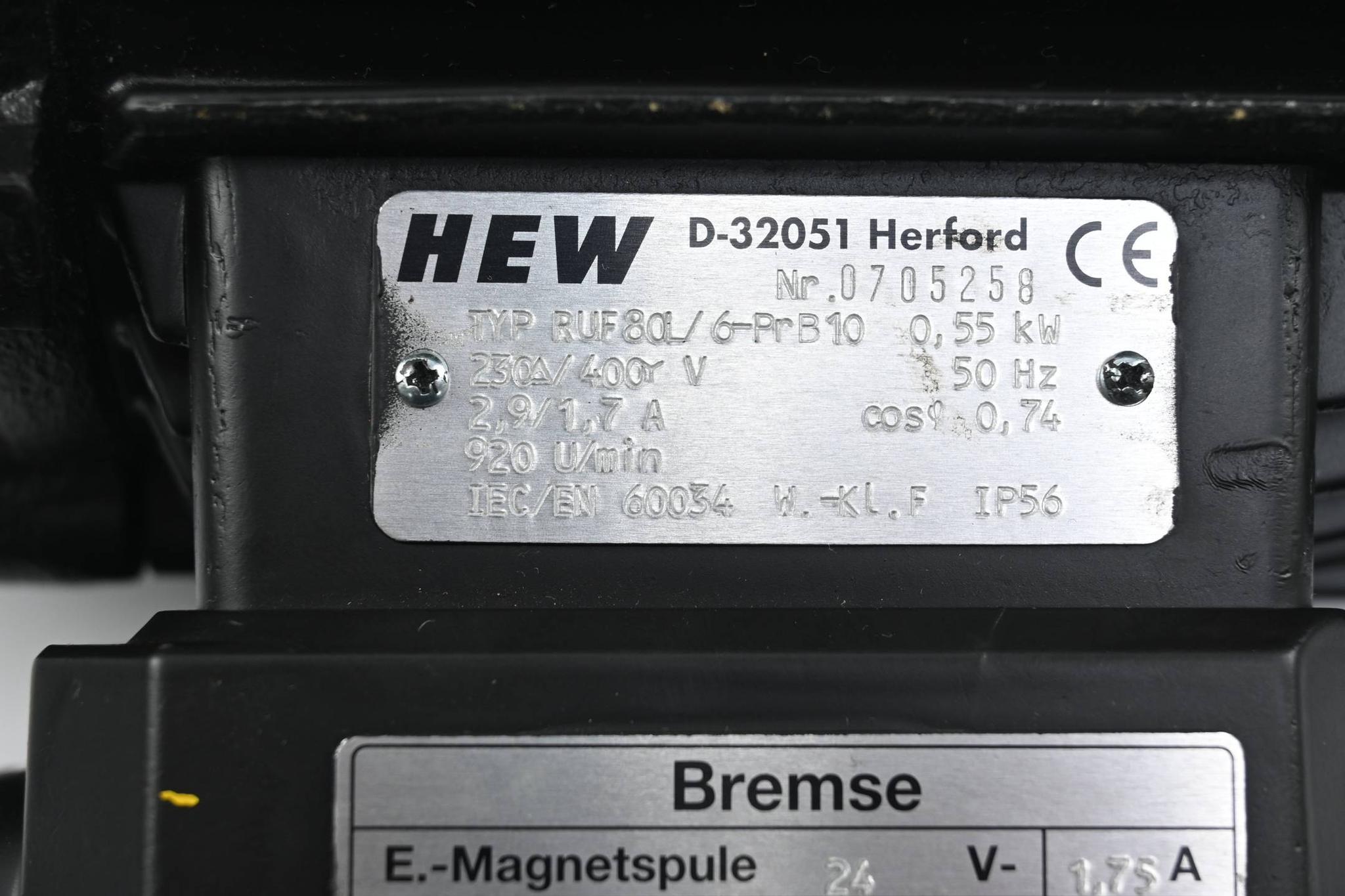 Produktfoto 3 von HEW Motor RUF80L/6-PrB10 ( 0,55kW 2,9/1,7A 920U/min ) inkl. Bremse