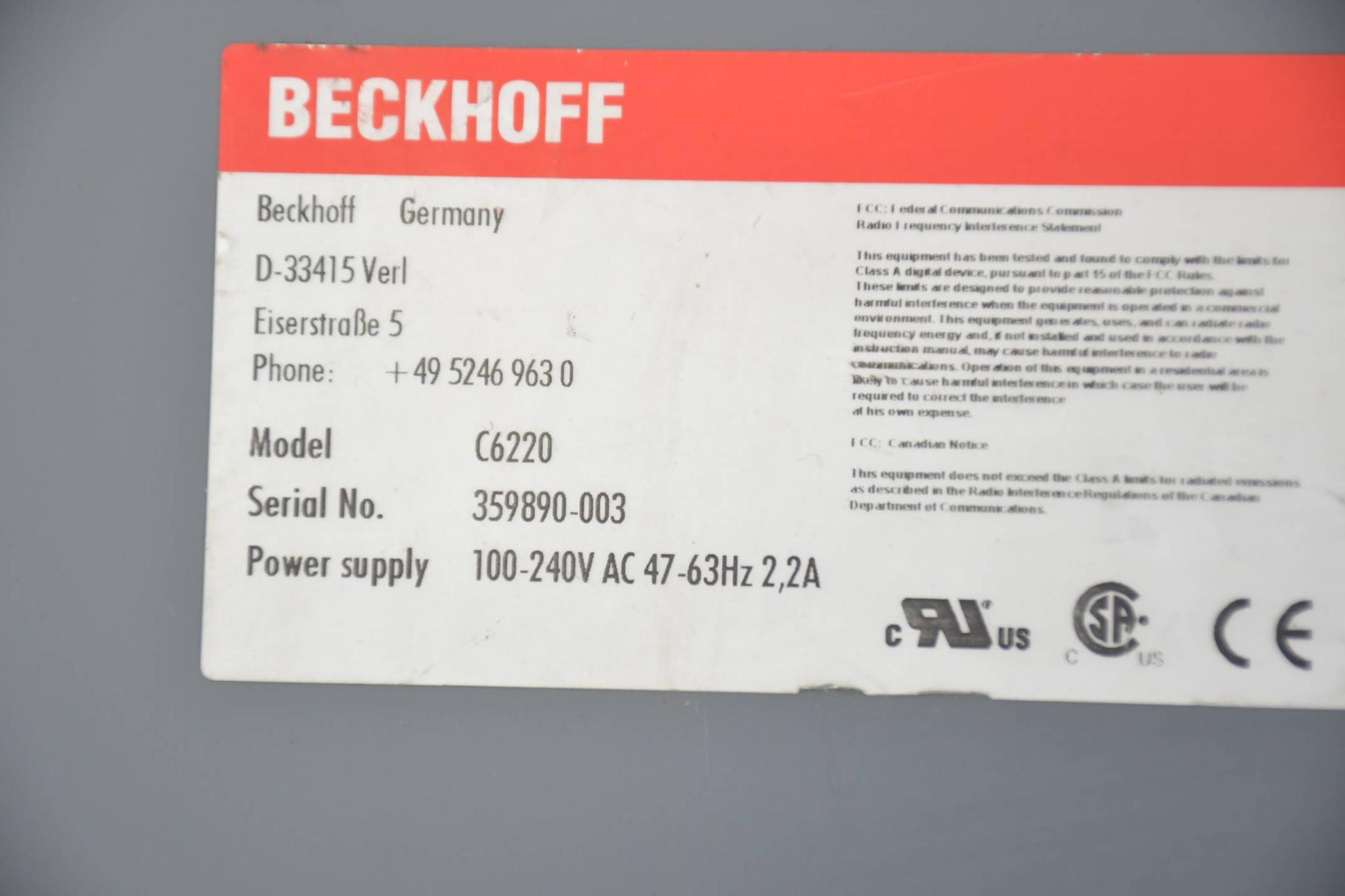 Produktfoto 2 von Beckhoff Schaltschrank-PC C6220 100-240V AC 41-63Hz 2,2A