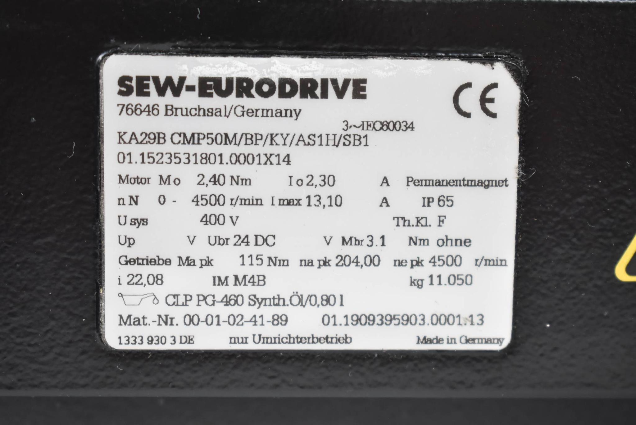 Produktfoto 3 von SEW Servomotor 2,4Nm 2,3A 4500rpm 400V K29B CMP50M/BP/KY/AS1H/SB1