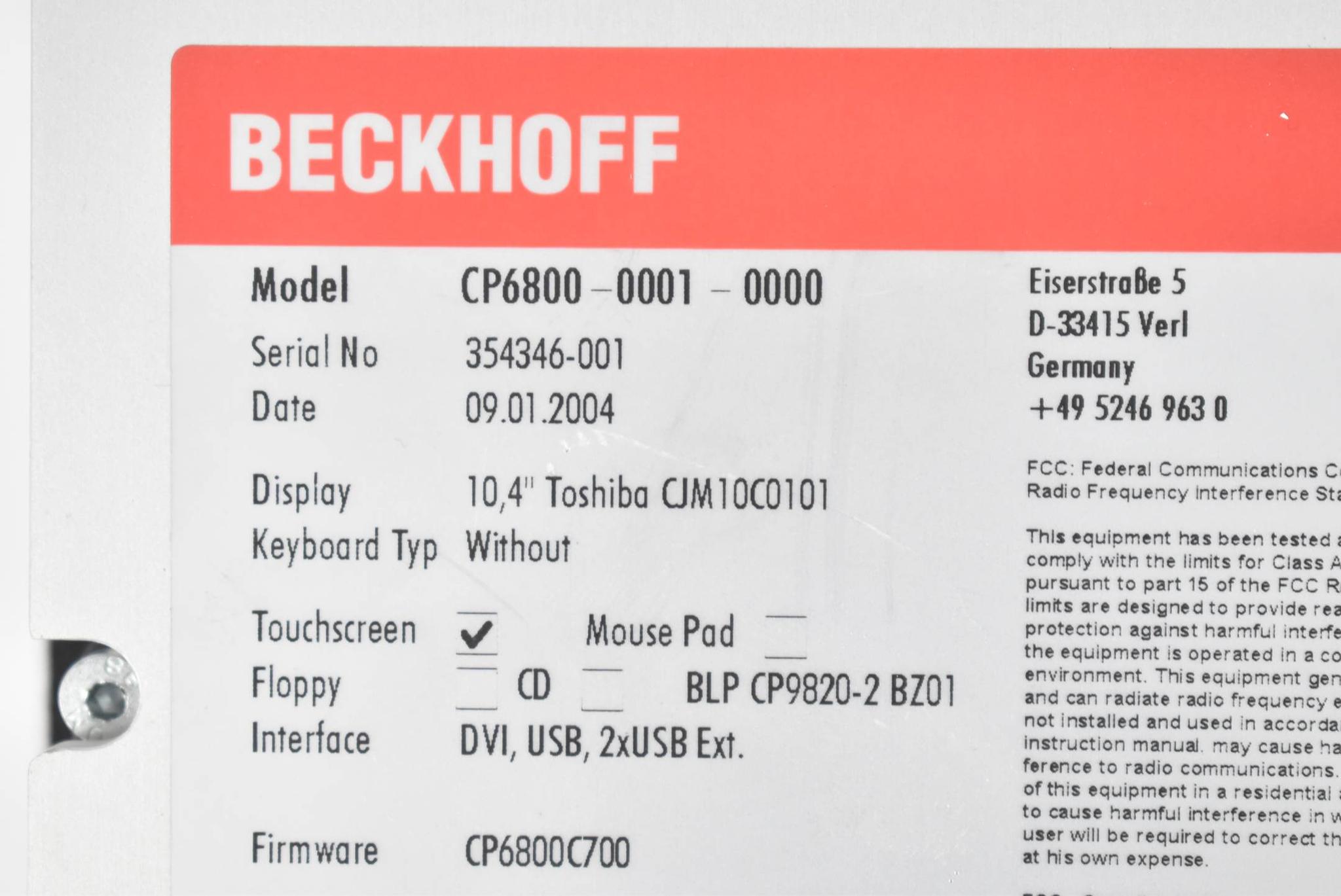 Produktfoto 2 von Beckhoff LCD Touchscreen Display 10,4' CP6800-0001-0000