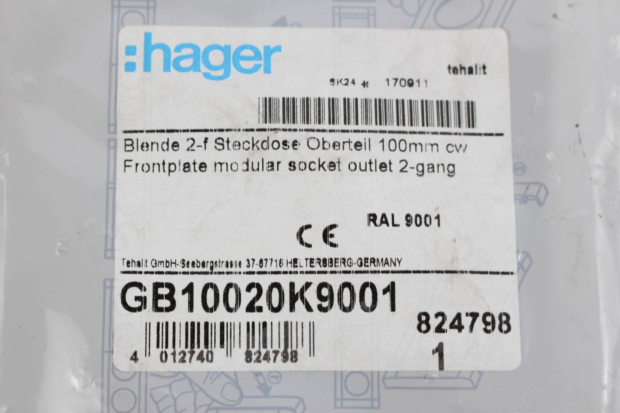 Hager Blende 2-f Steckdose Oberteil 100mm cw Frontplatte GB10020K9001 ( 824798 )