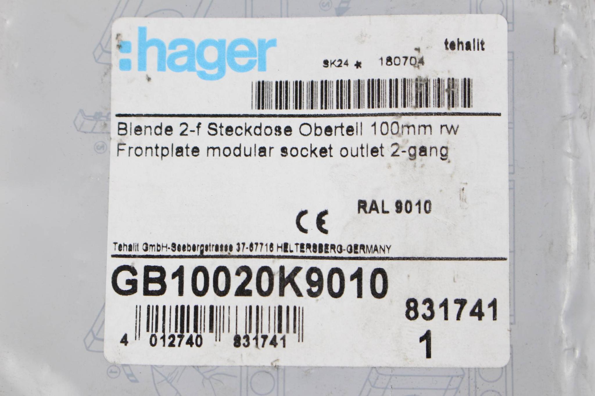 Hager Blende 2-f Steckdose Oberteil 100mm rw Frontplatte GB10020K9010 ( 831741 )