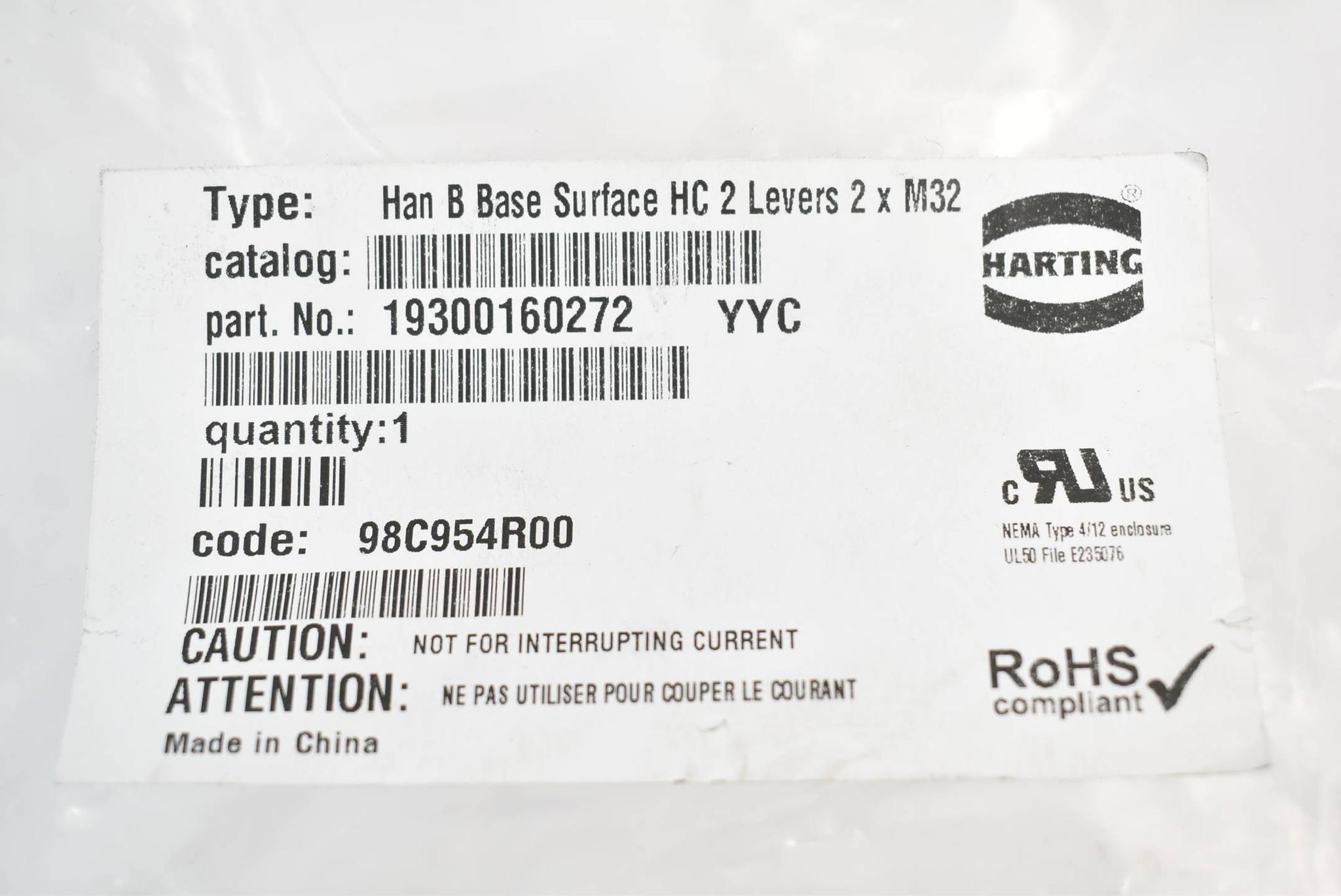 Produktfoto 4 von Harting Sockelgehäuse Han B Base Surface HC 2 Levers 2x M32 19300160272