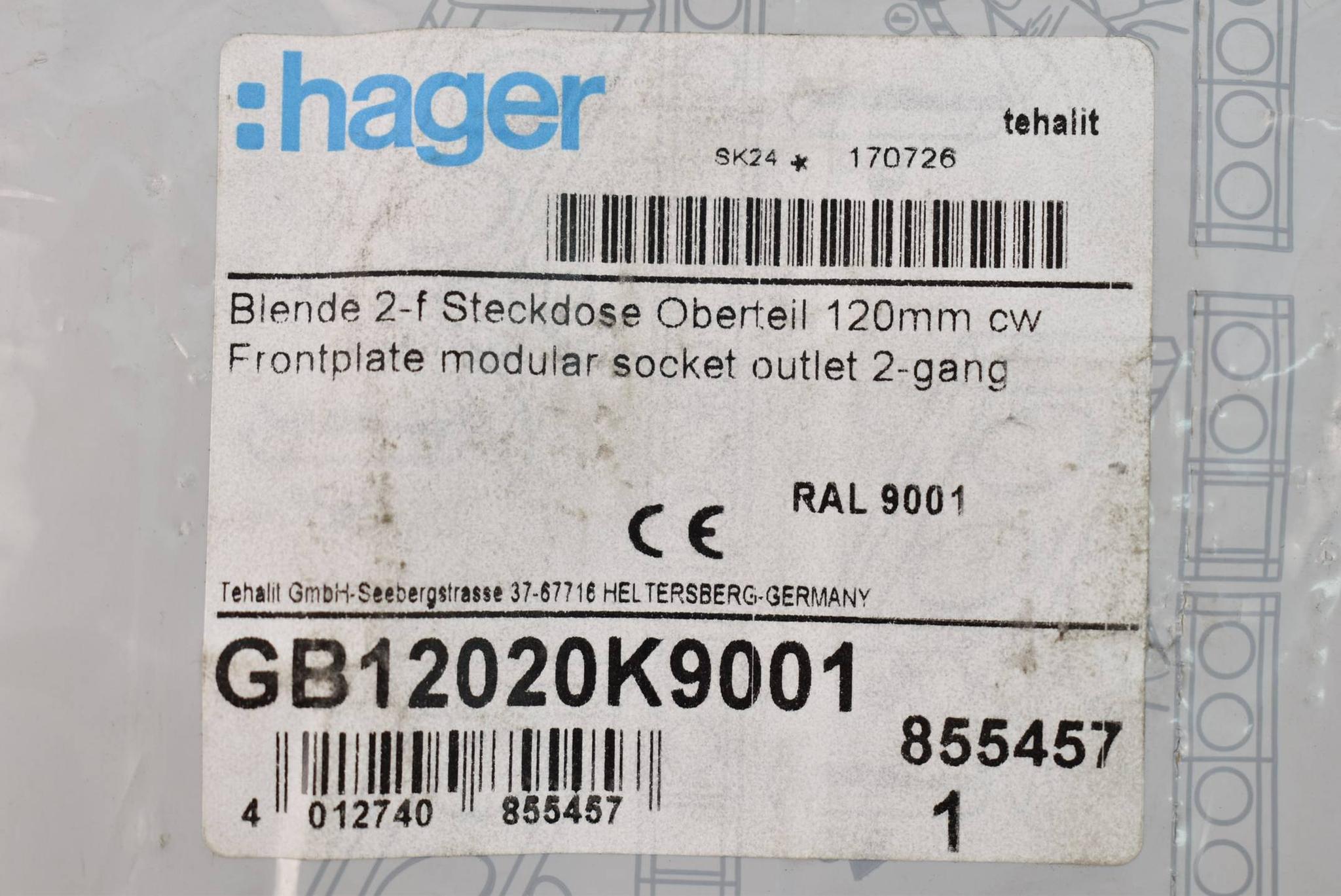 Produktfoto 2 von Hager Blende 2-fach Steckdose Oberteil 120mm cw GB12020K9001 ( 855457 )