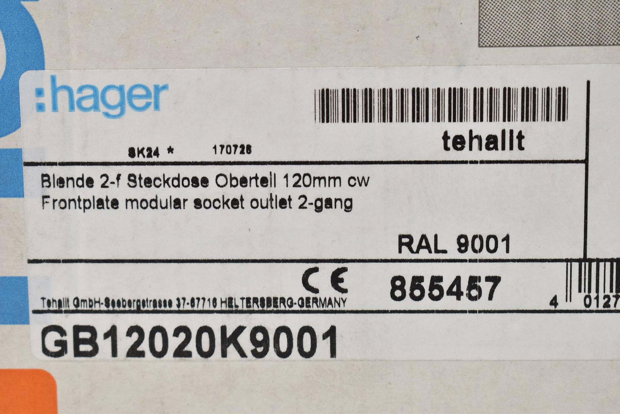 Produktfoto 2 von Hager Blende 2-fach Steckdose Oberteil 120mm cw GB12020K9001 ( 855457 ) 5 Stück