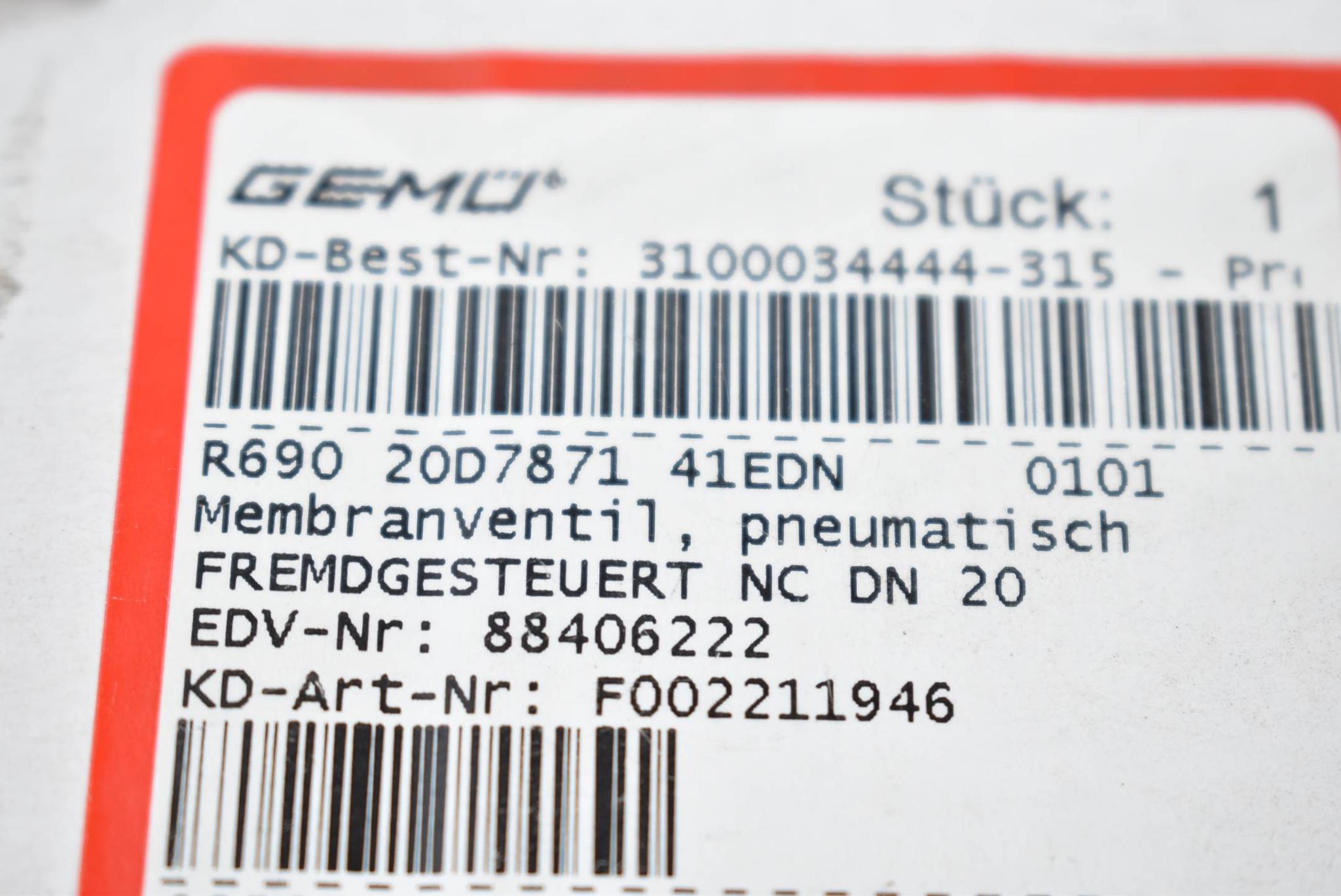 Produktfoto 1 von Gemü Membranventil R690 20D7871 41EDN 0101 ( R69020D787141EDN0101 )