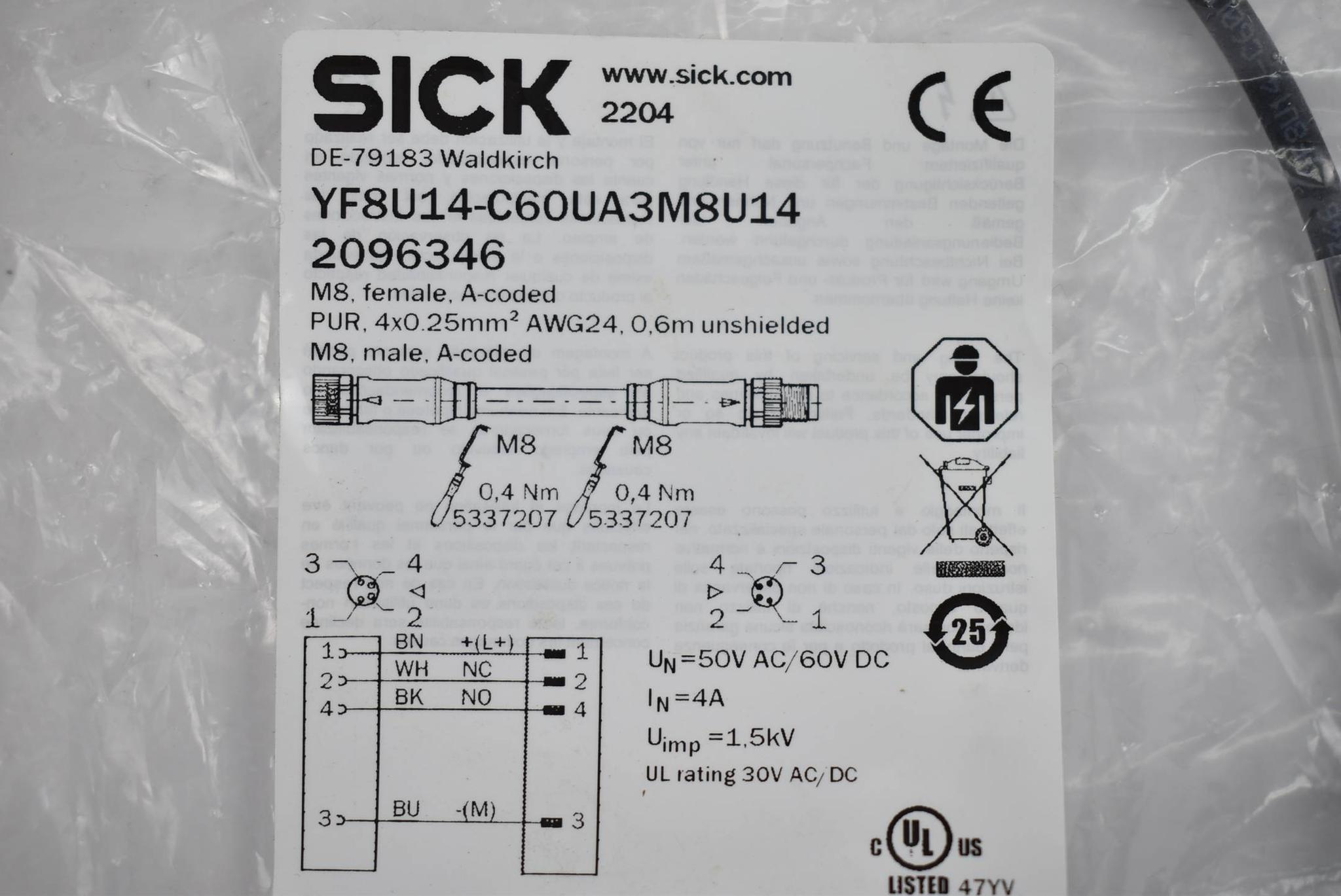 Produktfoto 1 von Sick Verbindungsleitung YF8U14-C60UA3M8U14 ( 2096346 ) 0,6m