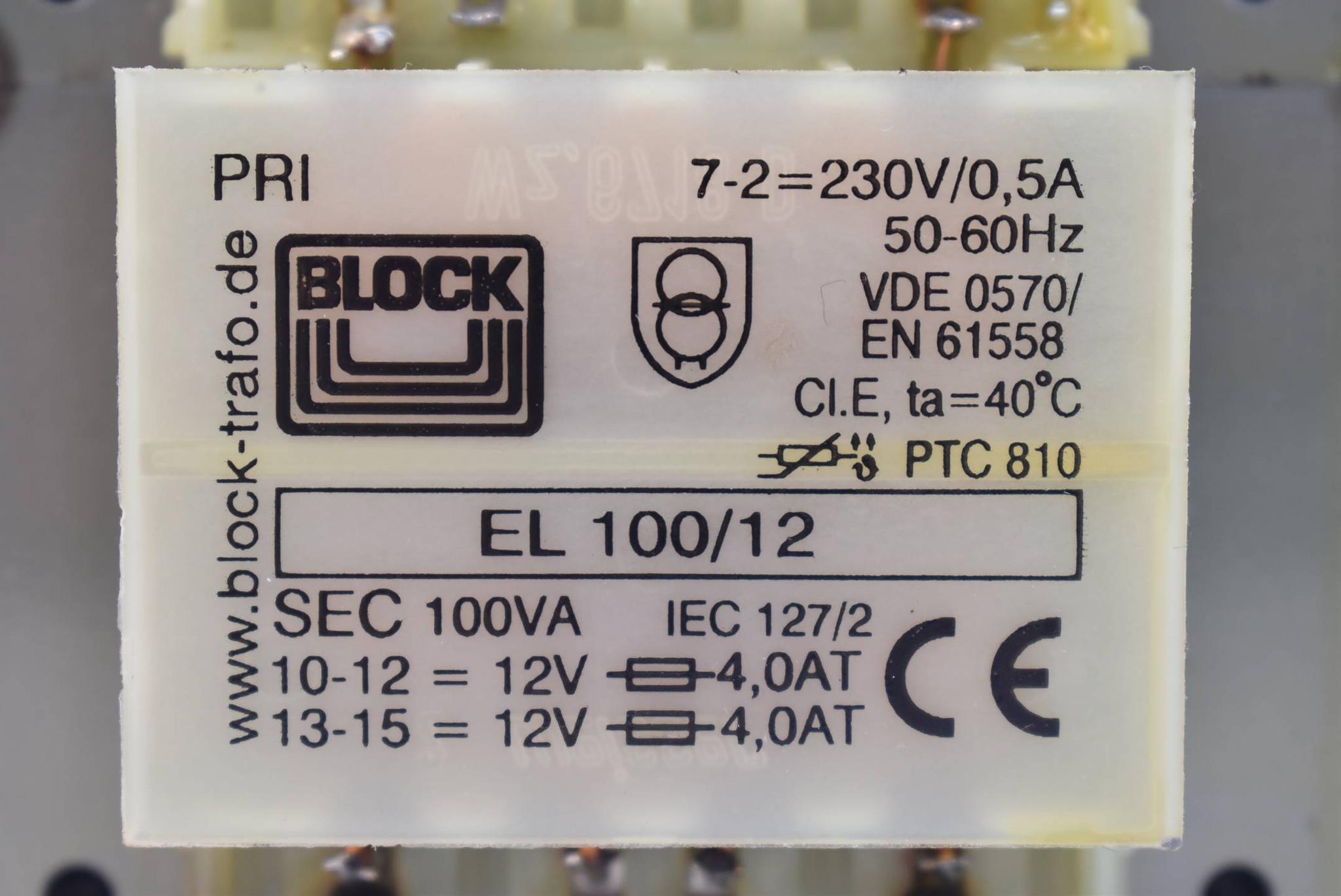 Produktfoto 2 von Block Sicherheits-Trafo EL 100/12 ( EL100/12 ) 230V 0,5A 50-60Hz