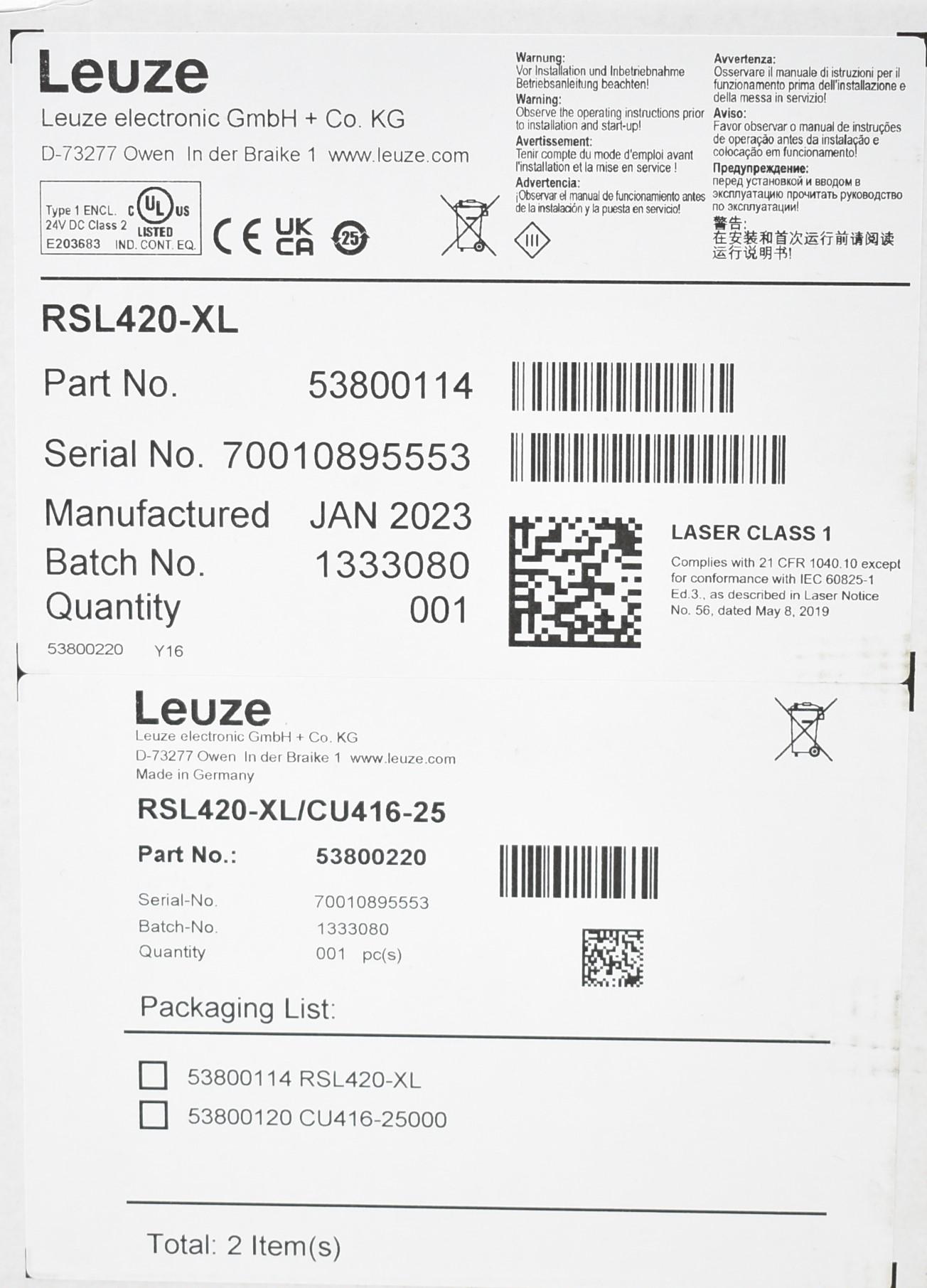 Produktfoto 1 von Leuze RSL420-XL/CU416-25 Sicherheits-Laserscanner 53800220 RSL420-XL / 53800114