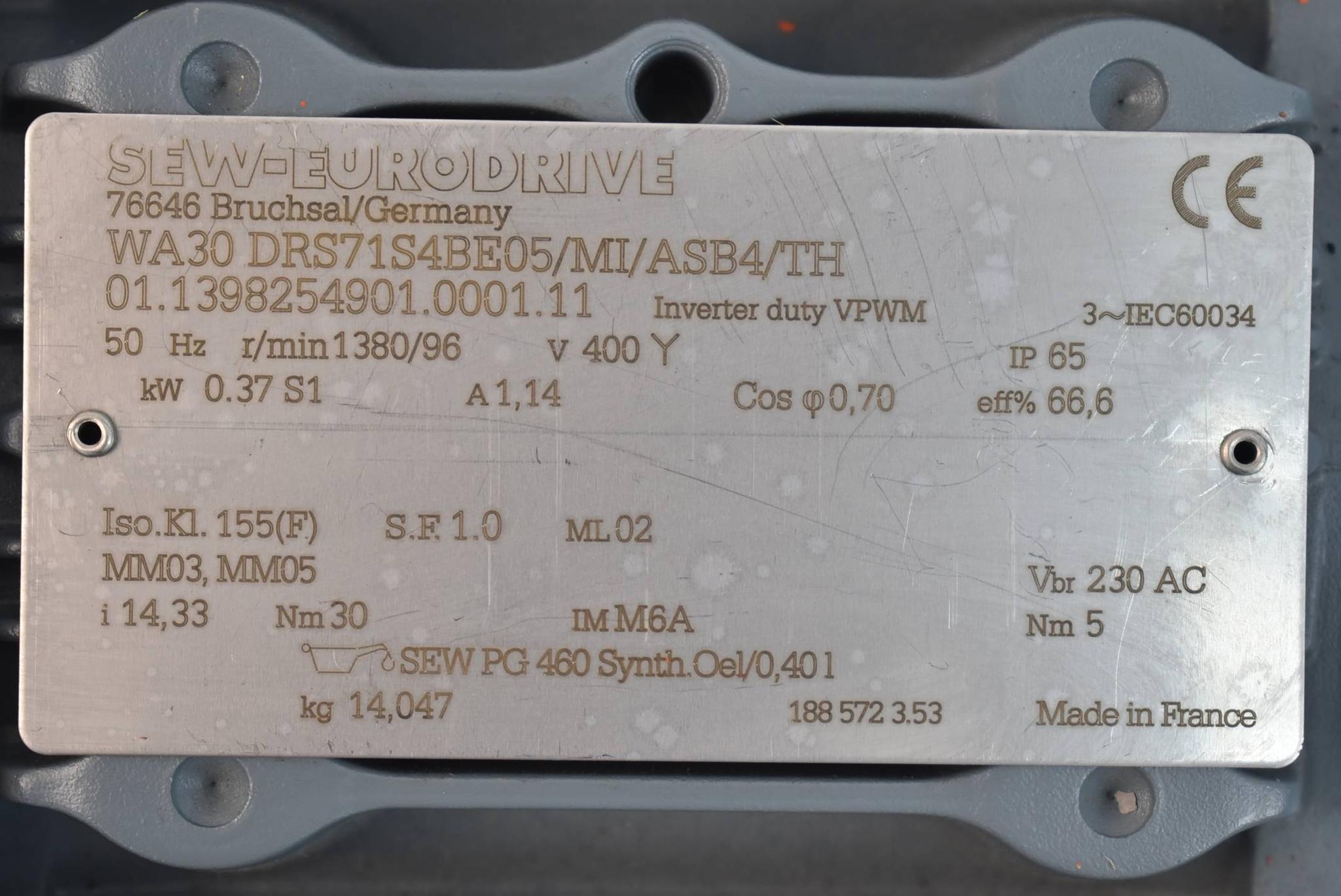 Produktfoto 2 von SEW eurodrive Getriebemotor WA30 DRS71S4BE05/MI/ASB4/TH ( 0,37kW 1380r/min. )