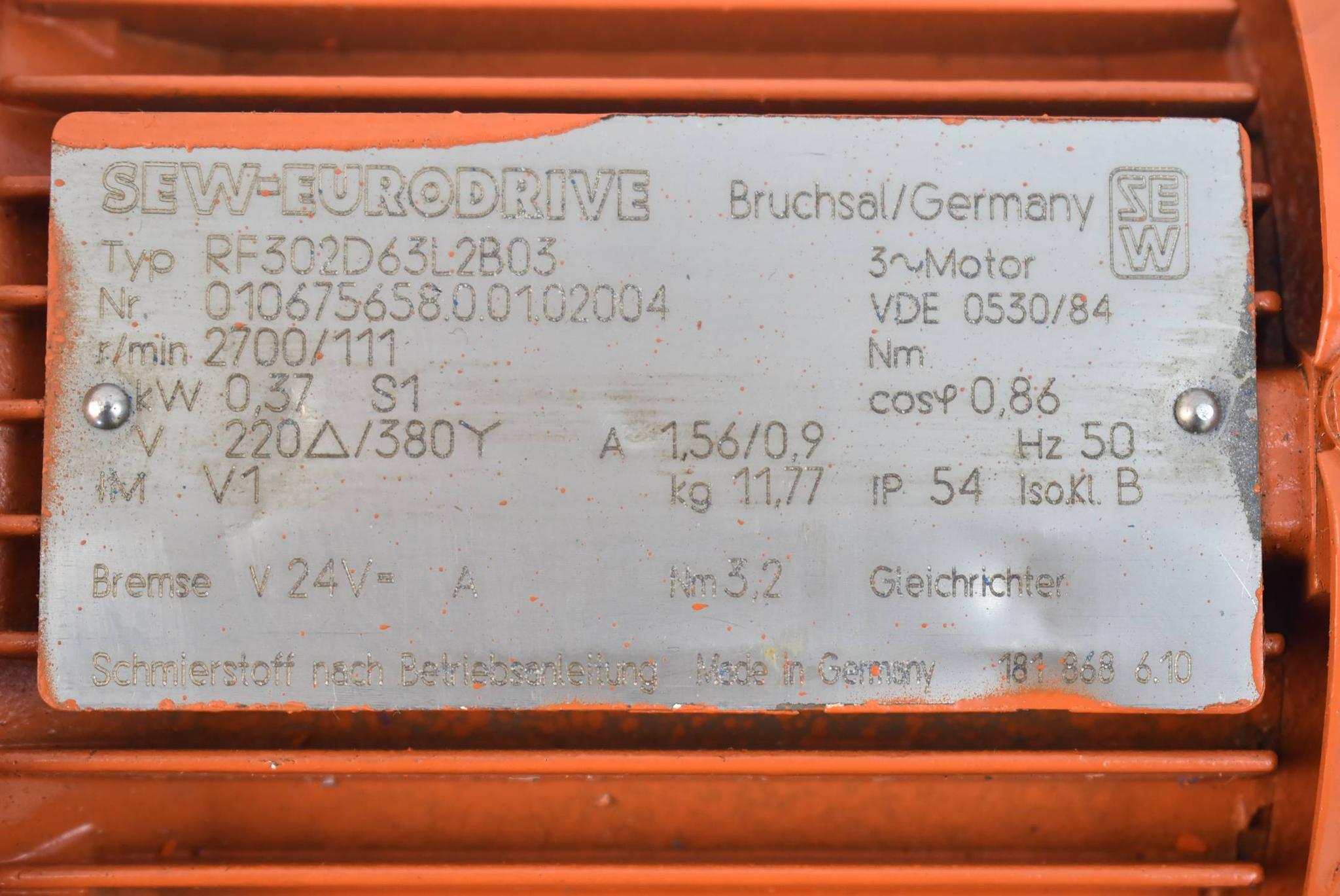 Produktfoto 4 von SEW eurodrive 3-Phasen-Motor RF302D63L2B03 ( 0,37kW 2700r/min. 50Hz )