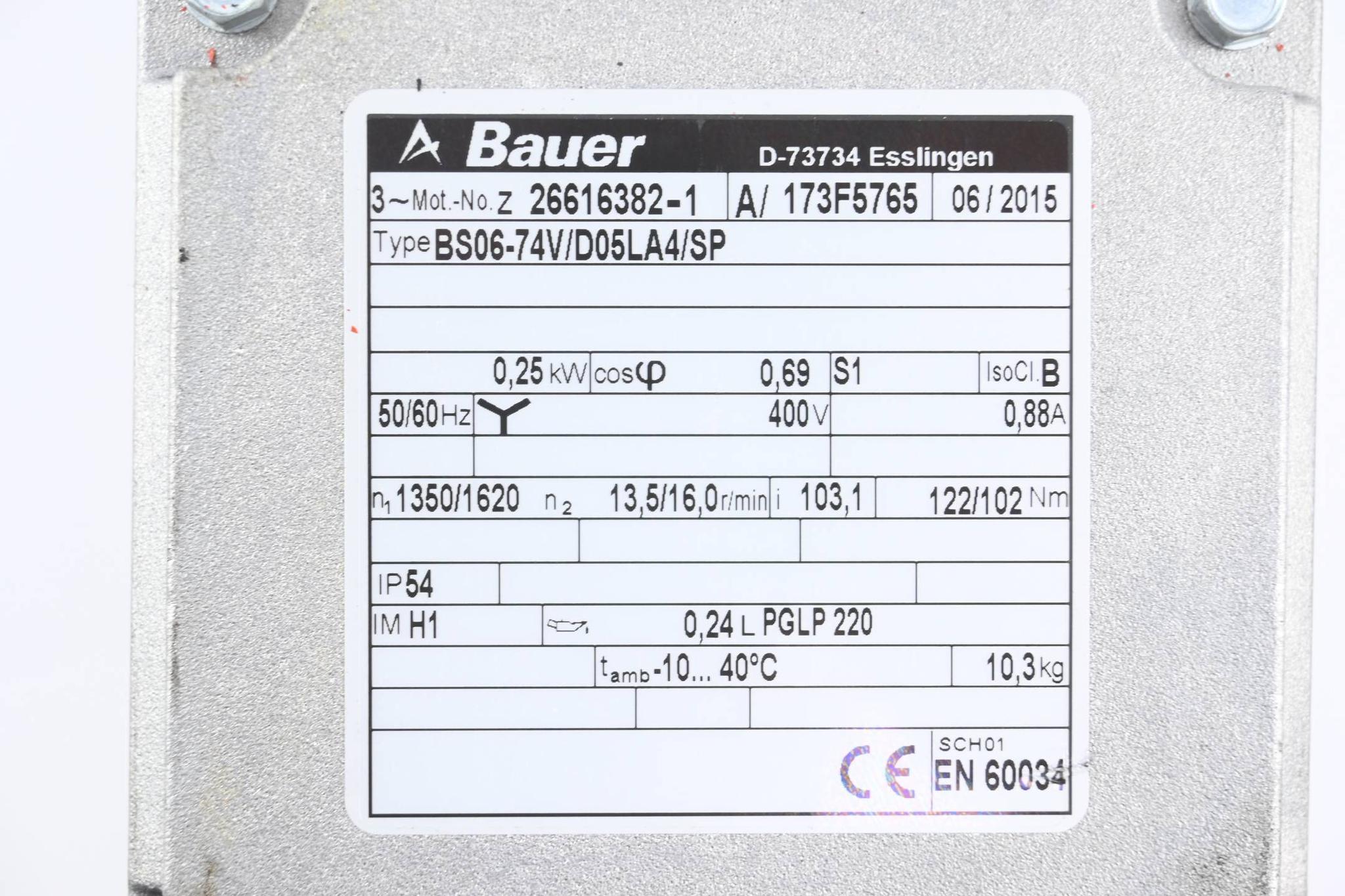 Produktfoto 2 von Eberhard Bauer Getriebemotor BS06-74V/D05LA4/SP ( 0,25kW 0,88A 1350-1620/min )