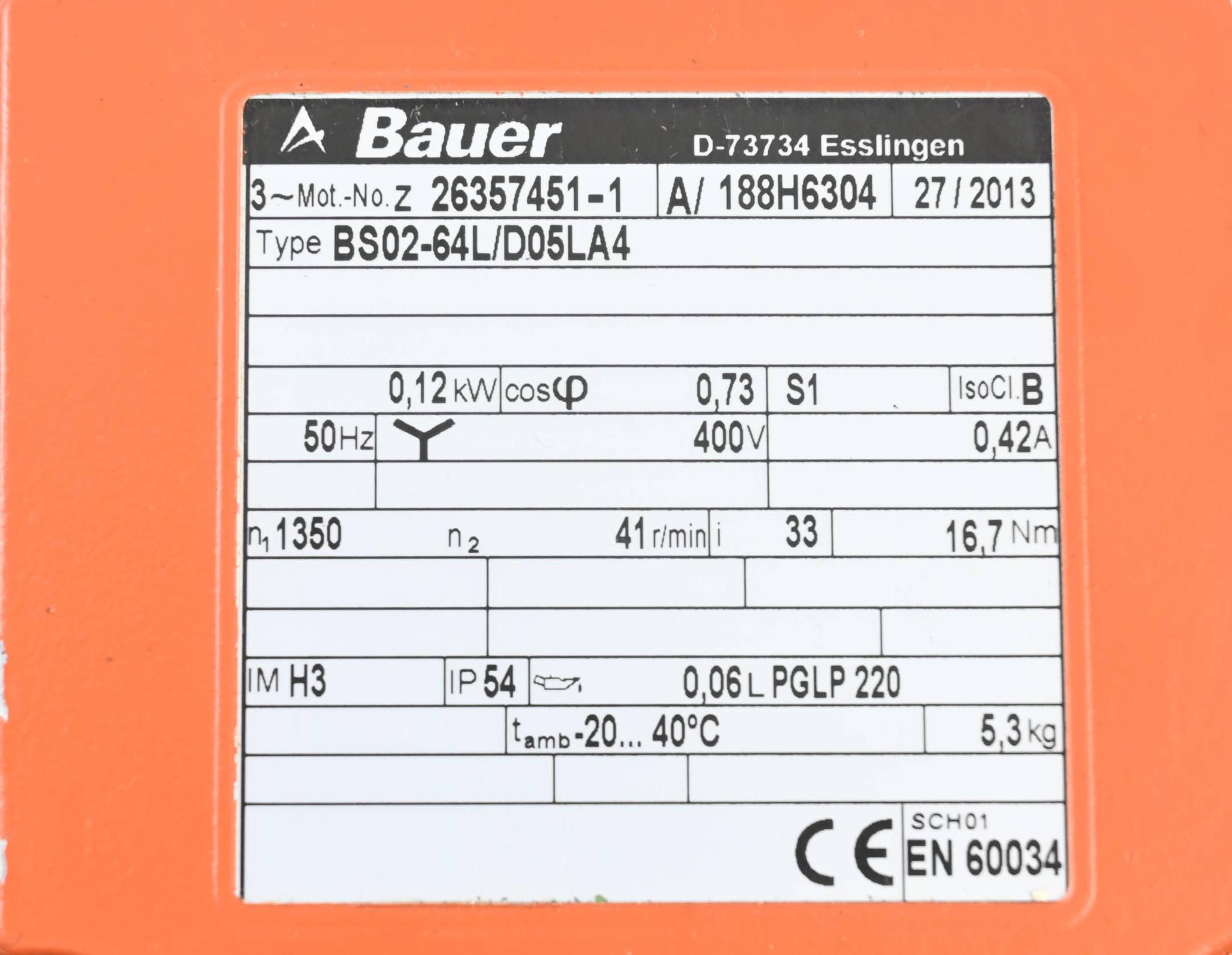 Produktfoto 2 von Bauer Getriebemotor 3~ Getriebemotor BS02-64L/D05LA4 ( 400V / 0,42 A )