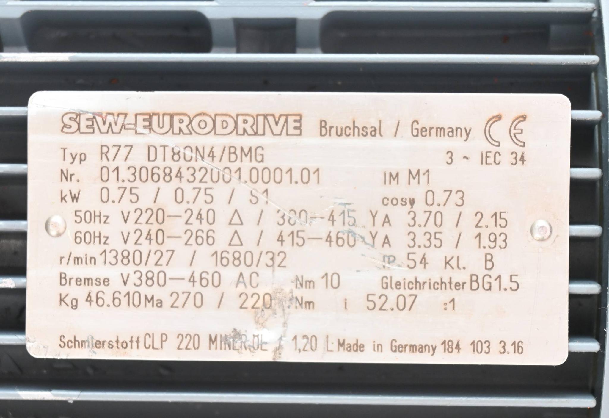 Produktfoto 1 von SEW-Eurodrive 3~ Getriebemotor R77 DT80N4/BMG ( 0,75/0,75/S1 KW )