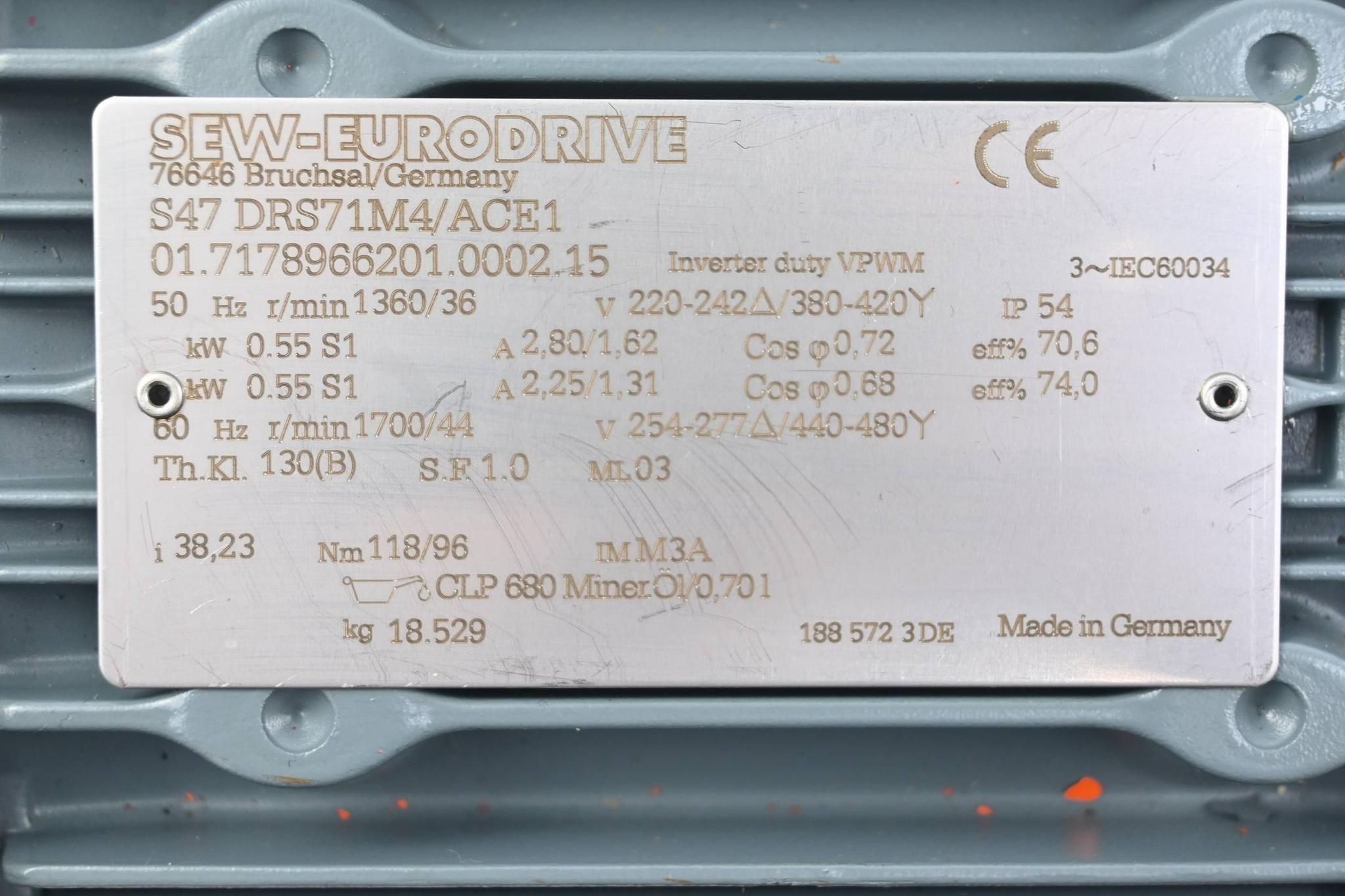 SEW Eurodrive Getriebemotor S47DRS71M4/ACE1 ( S47 DRS71M4/ACE1 ) 1360-36/min