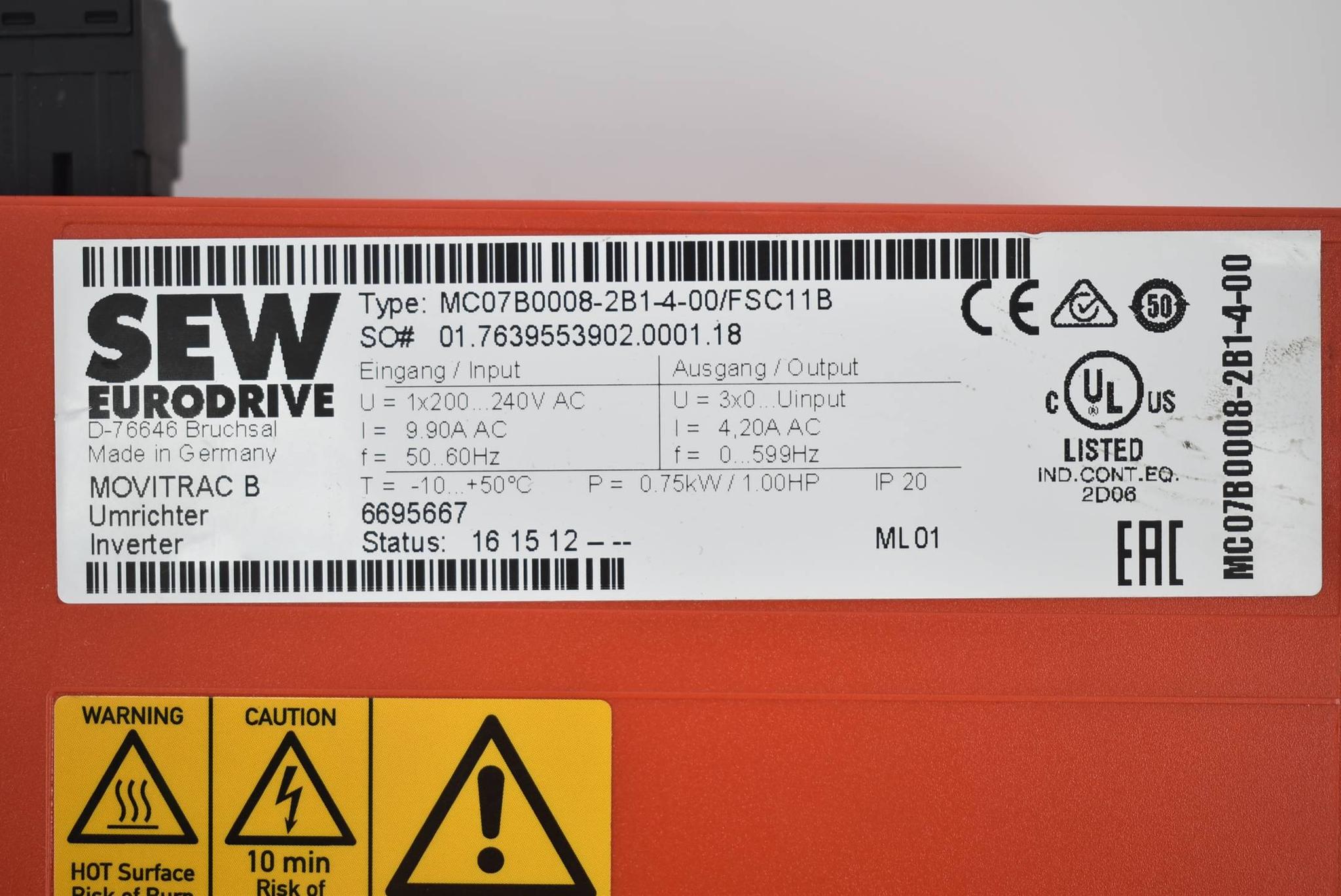 Produktfoto 3 von Sew Movitrac Inverter 0,75Kw MC07B0008-2B1-4-00/FSC11B ( 6695667 )