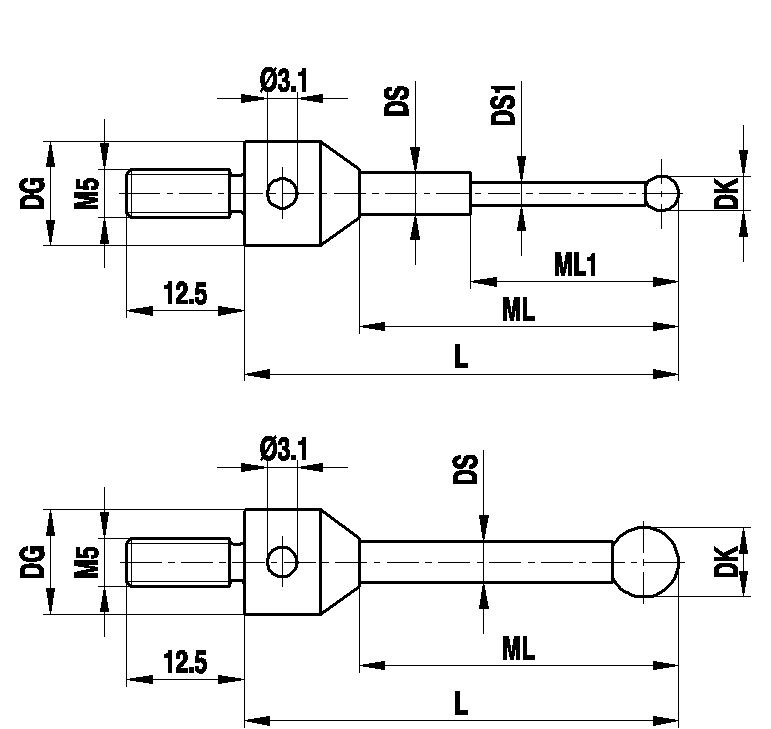 M5 Tastereinsätze für Sternkonfiguration, Ø3,5 mm Rubinkugel, Hartmetallschaft, / ML1/ML 2,3/12,8 mm, für Zeiss Anwendungen