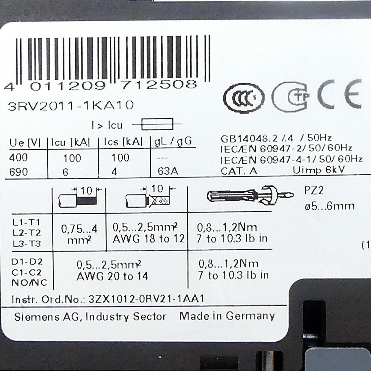 Produktfoto 2 von SIEMENS Leistungsschalter 3RV2011-1KA10