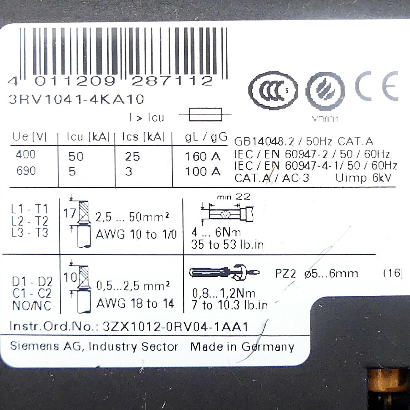 Produktfoto 2 von SIEMENS Leistungsschalter 3RV1041-4KA10