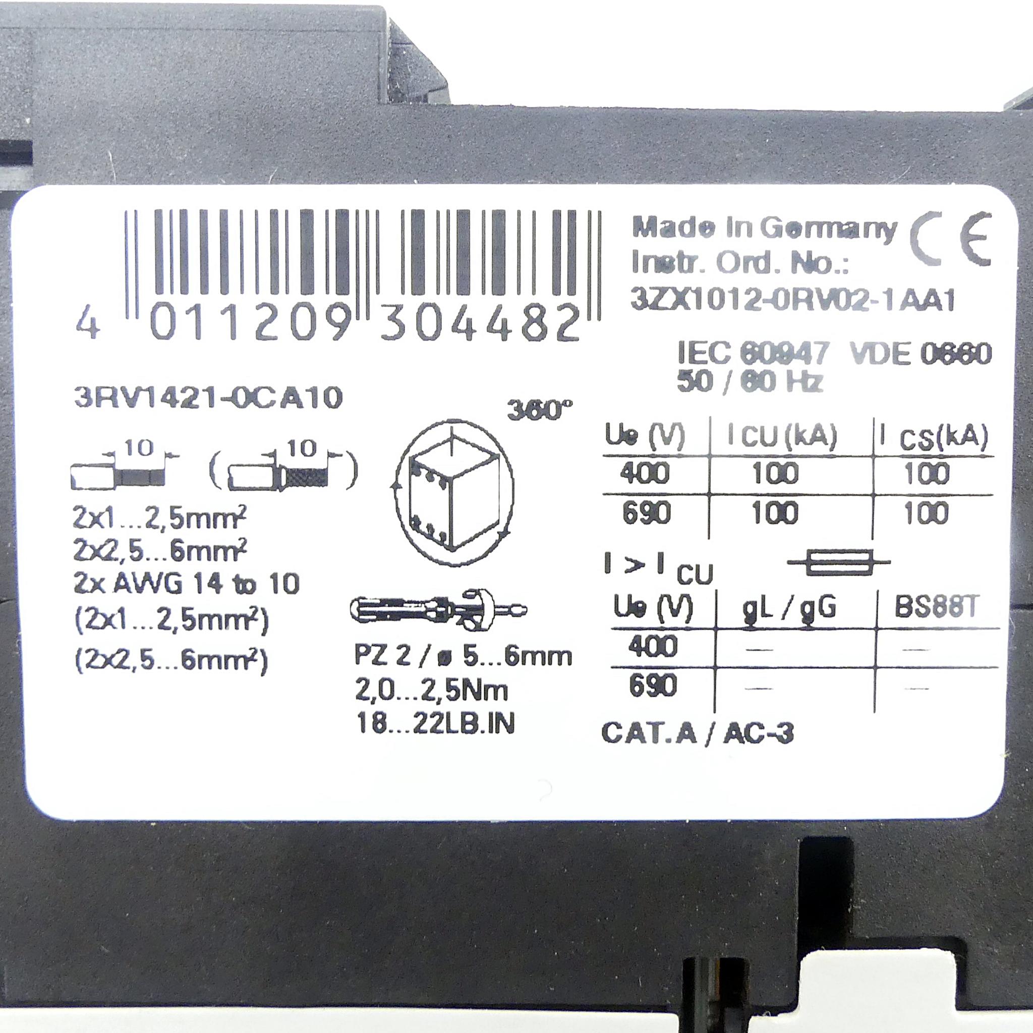 Produktfoto 2 von SIEMENS Leistungsschalter 3RV1421-0CA10