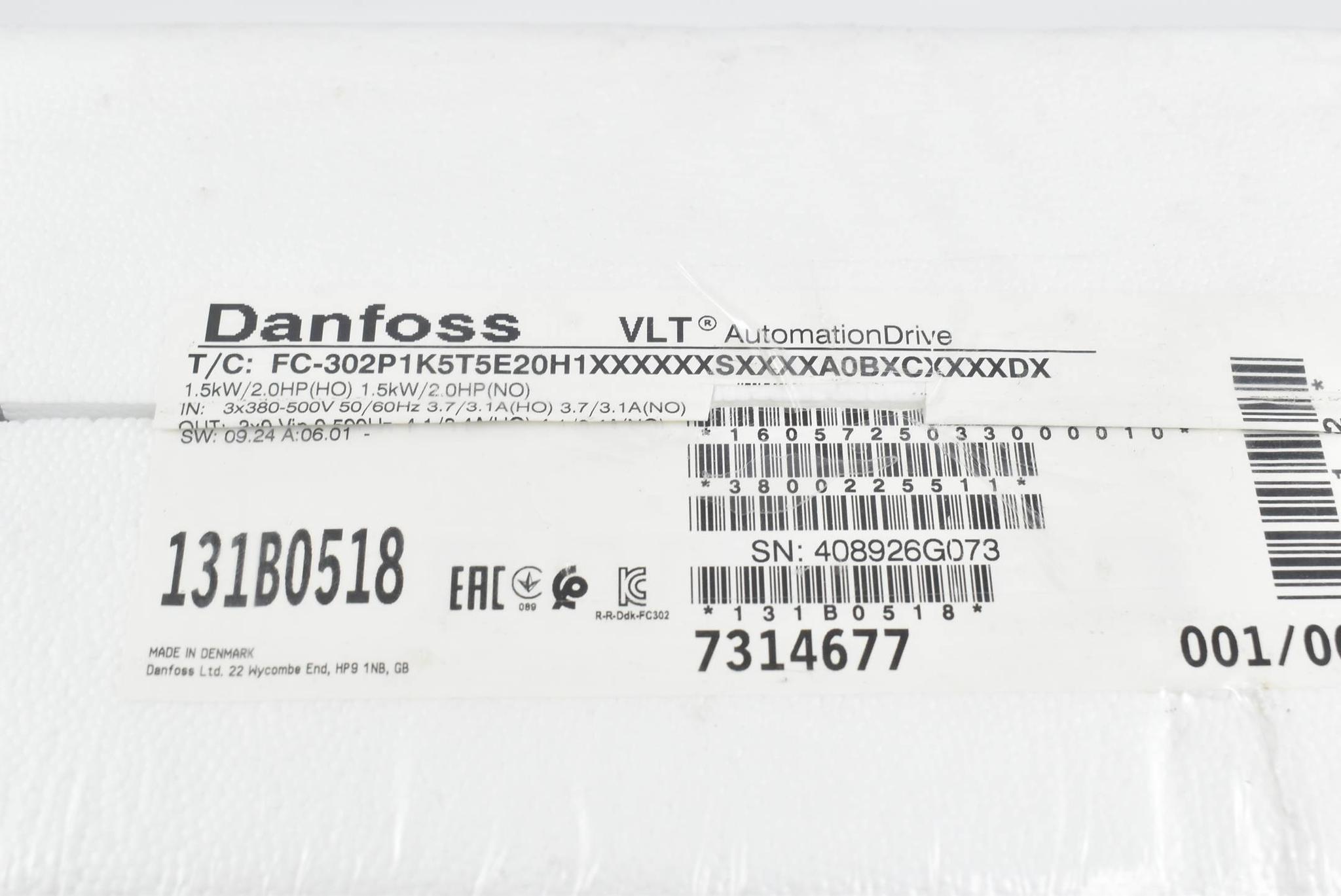 Produktfoto 1 von Danfoss VLT® AutomationDrive FC-302P1K5T5E20H1XXXXXXSXXXXA0BXCXXXXDX / 131B0518