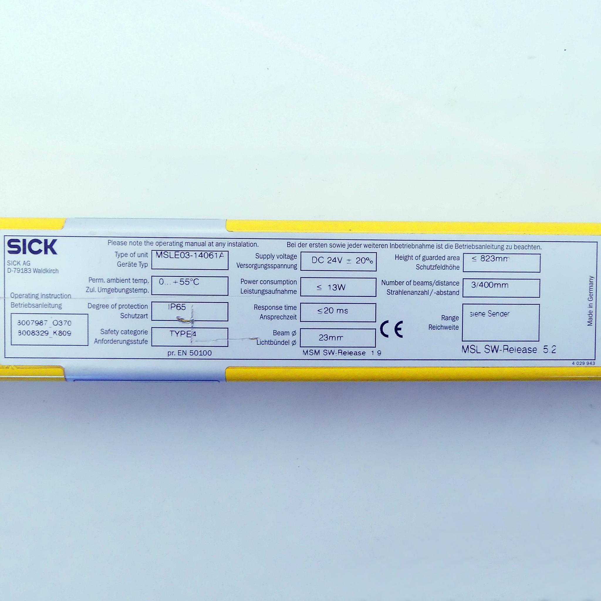 Produktfoto 2 von SICK Sicherheitslichtvorhang Empfänger MSLE03-14061A