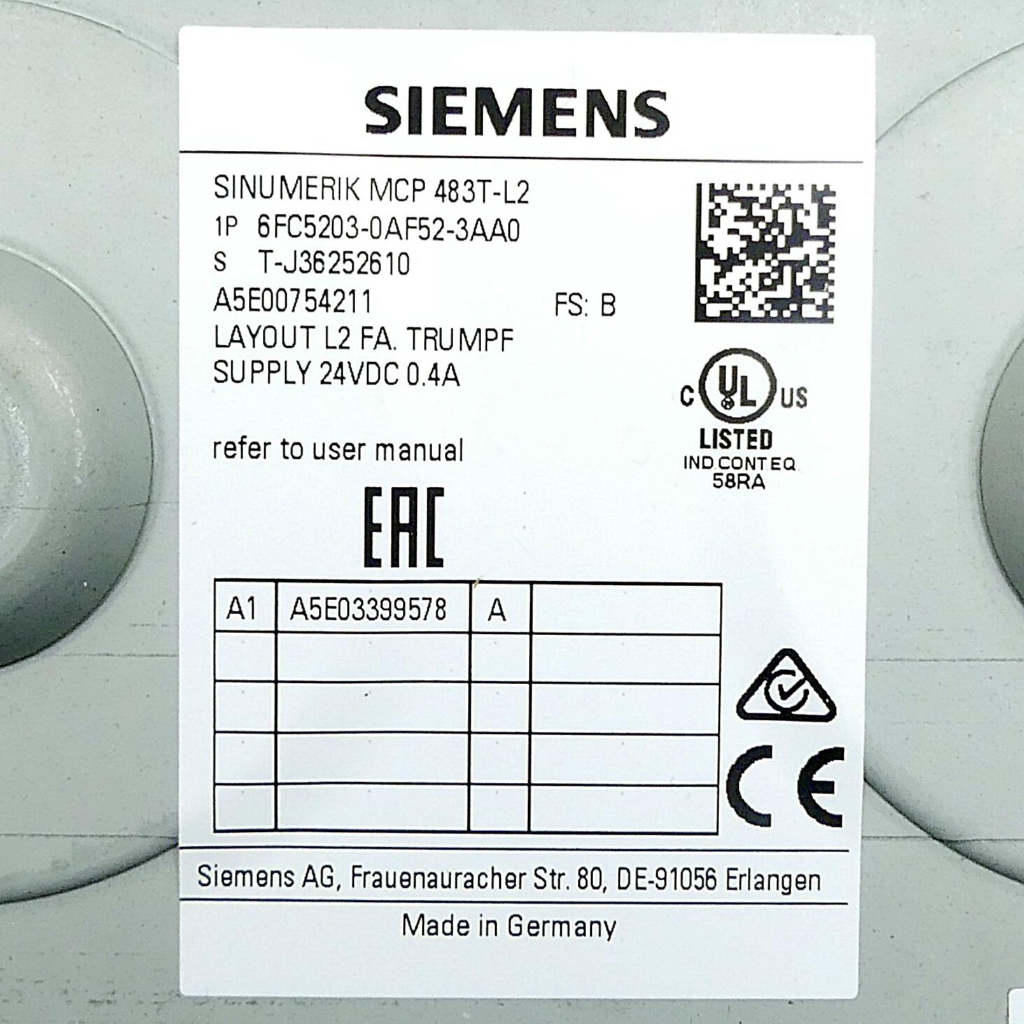 Produktfoto 2 von SIEMENS Maschinensteuertafel MCP 483T-L2