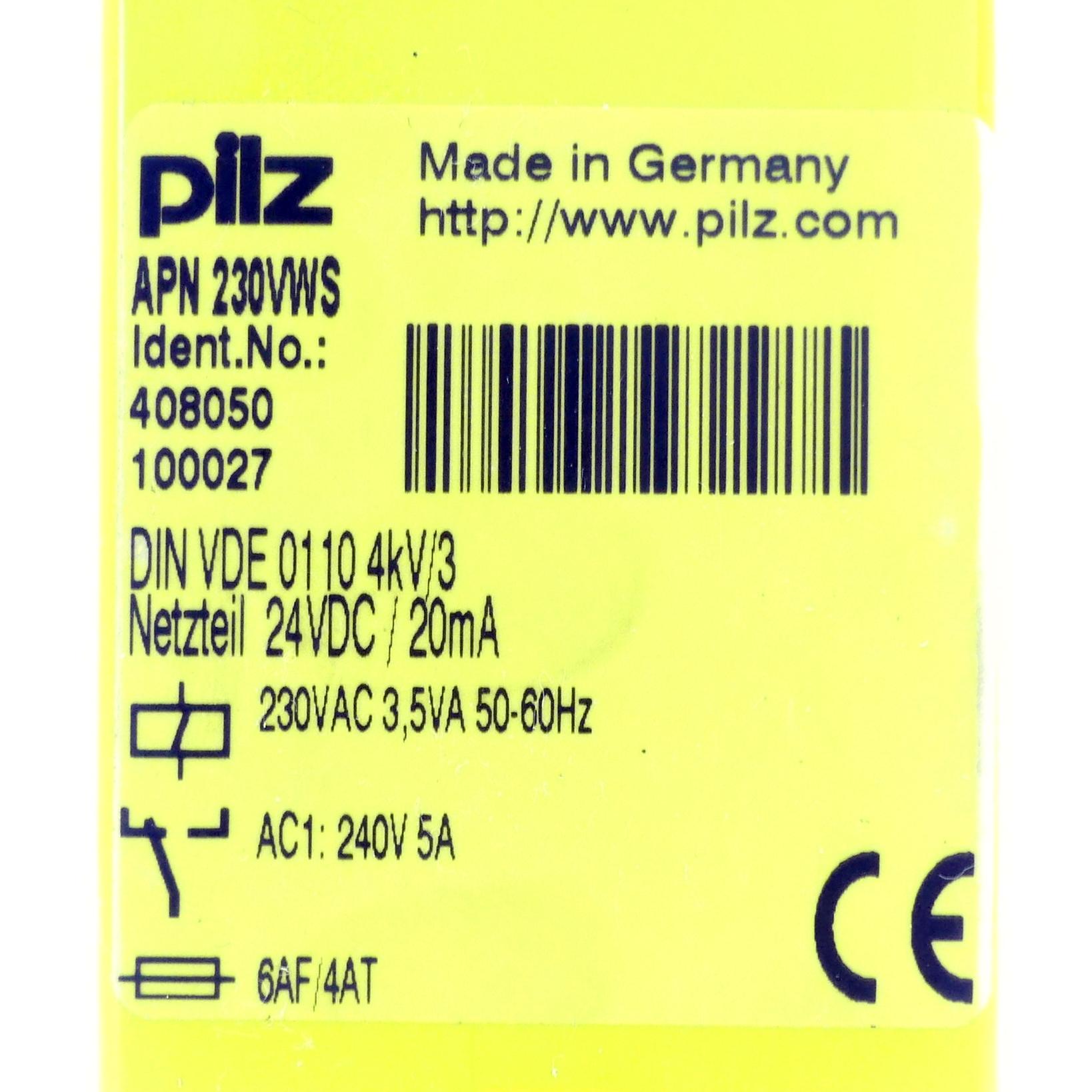 Produktfoto 2 von PILZ Sicherheitsrelais APN/230V~/1U/1s