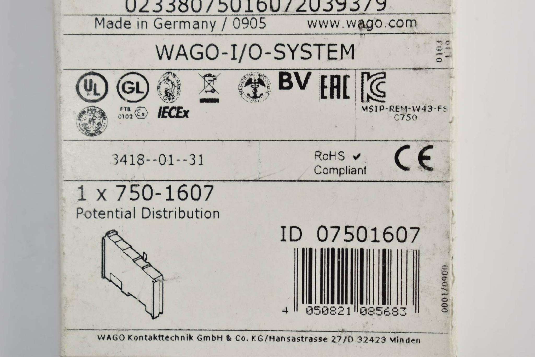 Wago Potentialvervielfältigung 8-fach 24 V / 8-fach 0 V 750-1607