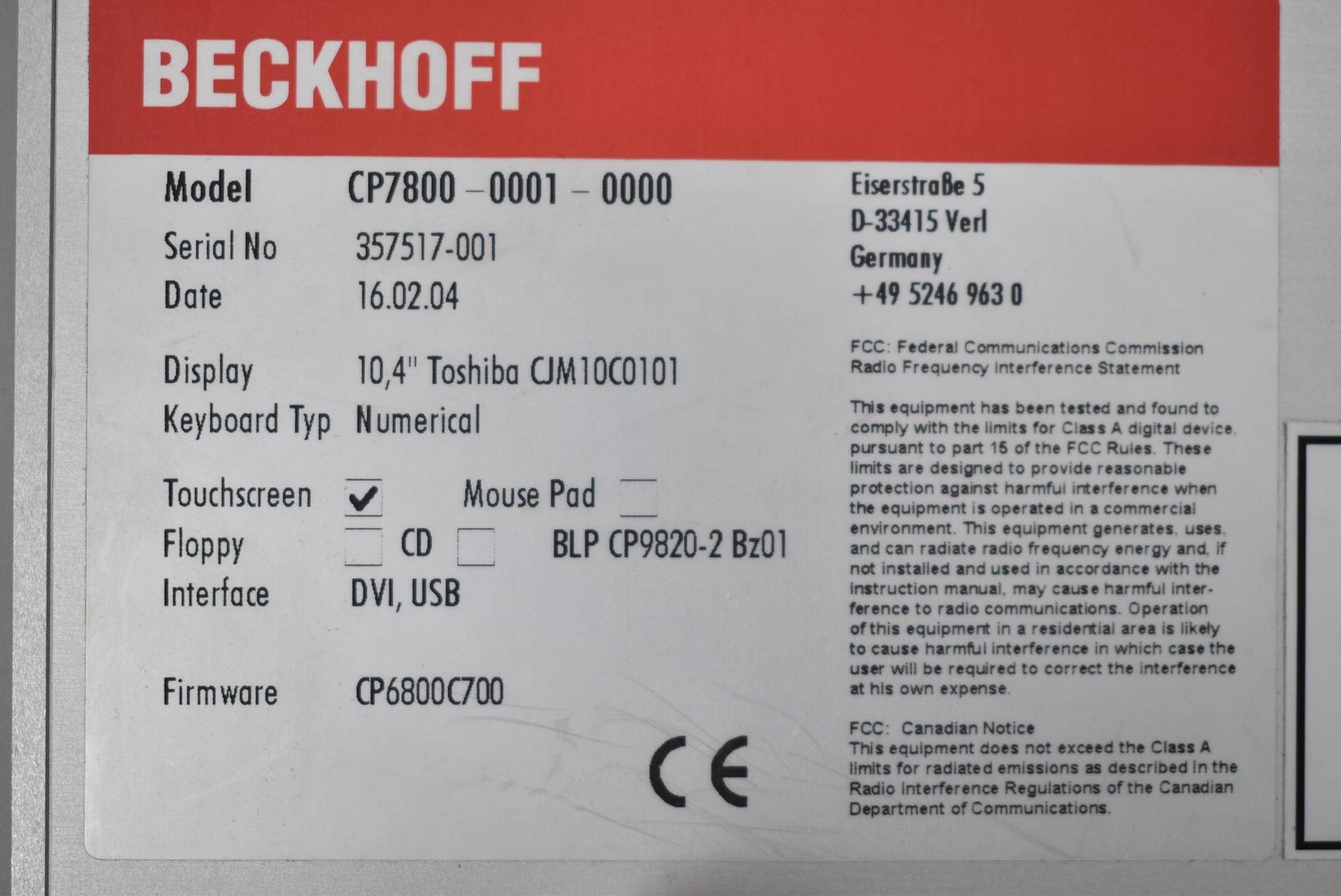 Produktfoto 2 von Beckhoff 10,4" Toshiba CJM 10C0101 Panel CP7800-0001-0000