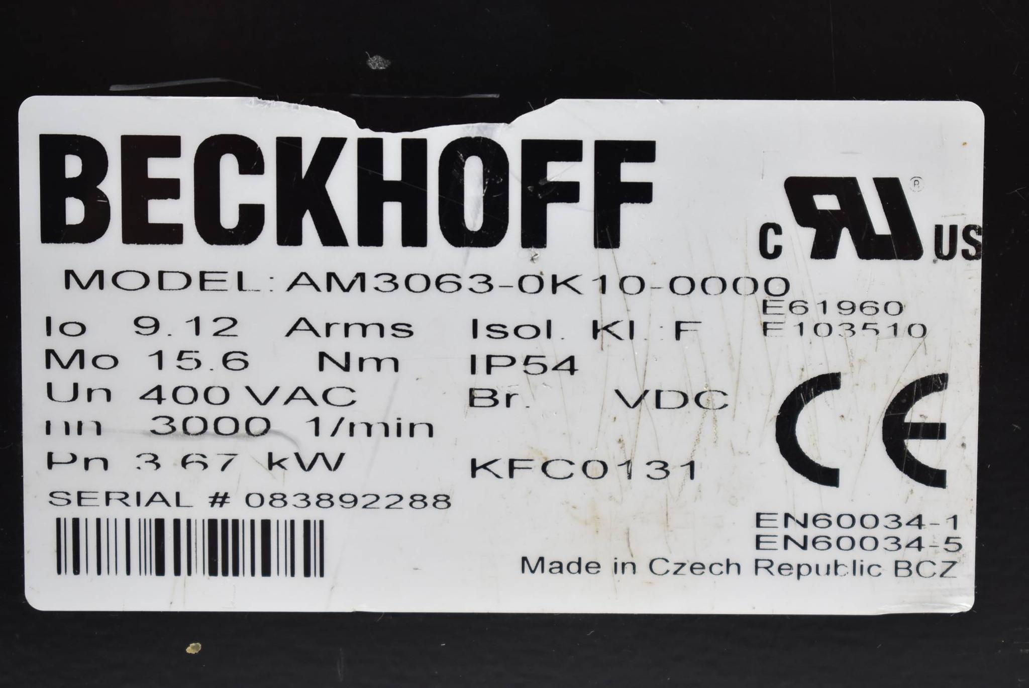 Produktfoto 1 von Beckhoff Servomotor 400 VAC 3000 1/min AM3063-0K10-0000