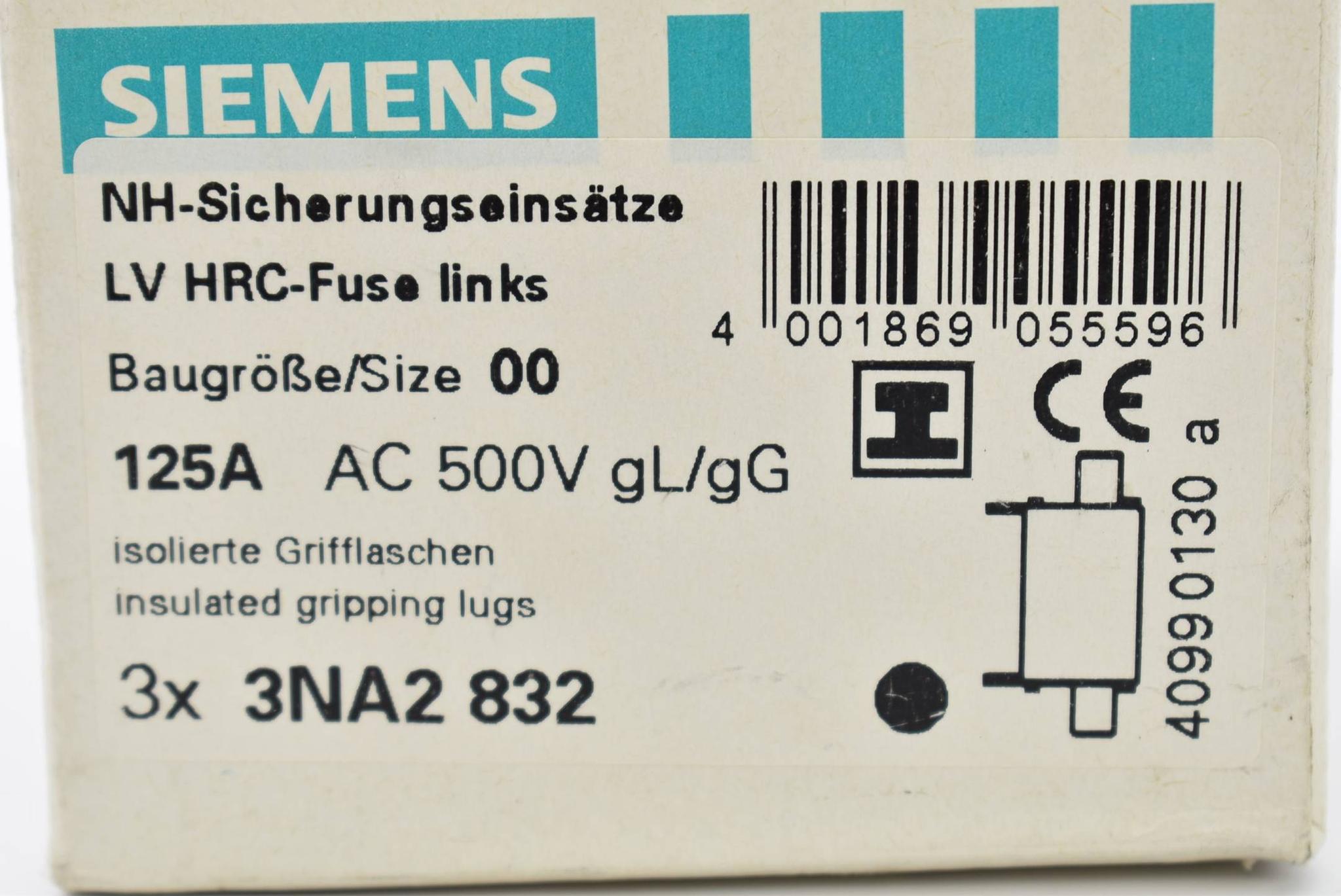 Produktfoto 2 von Siemens NH-Sicherungseinsätze 3 Stück 125A AC 500V 3NA2 832 ( 3NA2832 )