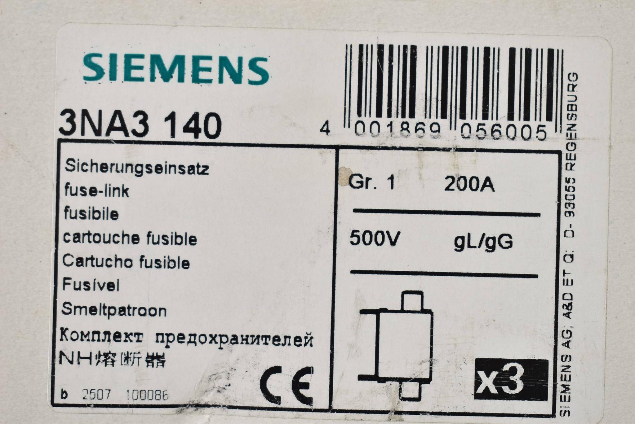 Produktfoto 2 von Siemens 3 Stück NH-Sicherungseinsatz 200A 500VAC 3NA3 140 ( 3NA3140 )