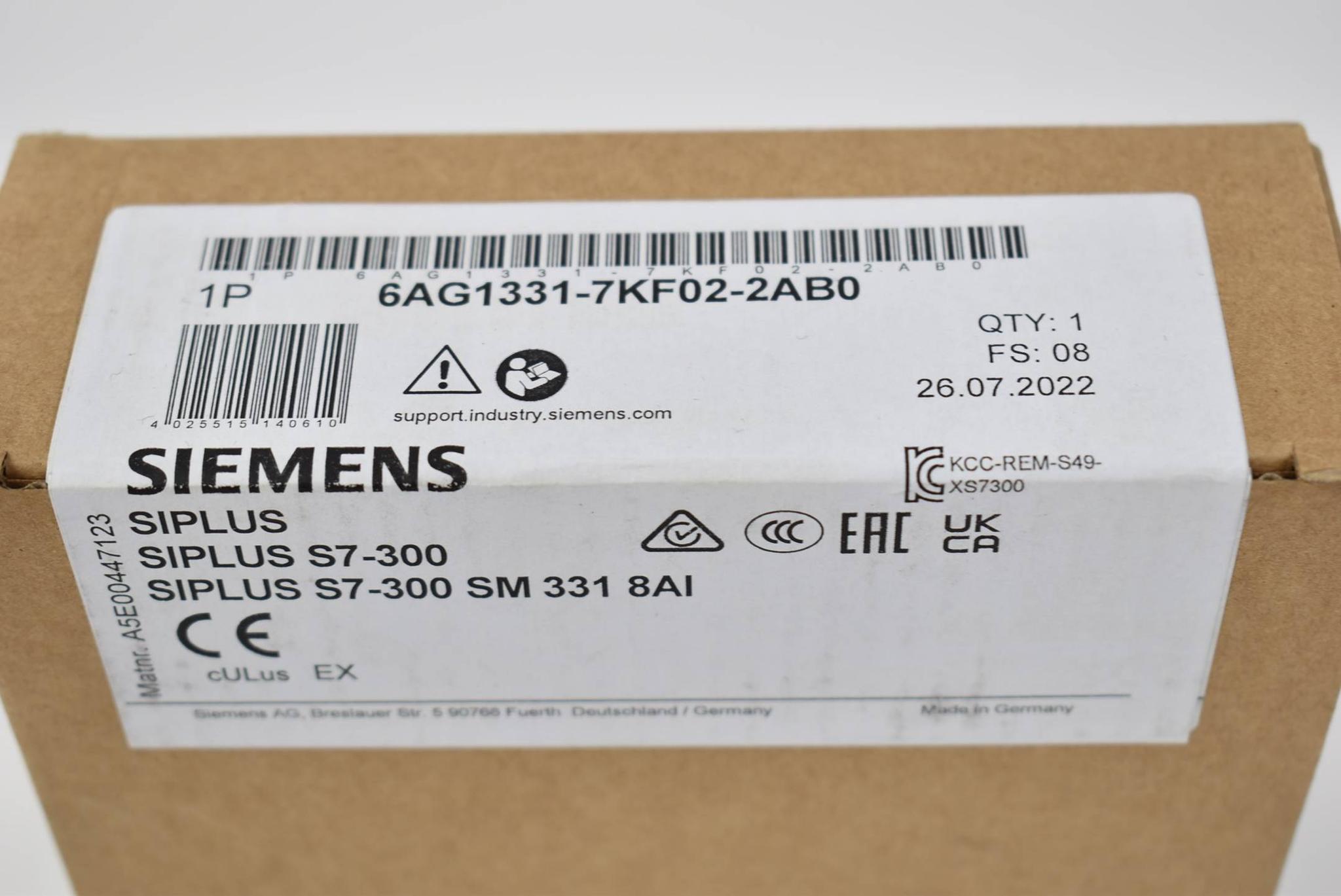 Produktfoto 1 von Siemens Siplus S7-300 SM 331 8AI 6AG1331-7KF02-2AB0 ( 6AG1 331-7KF02-2AB0 ) E8