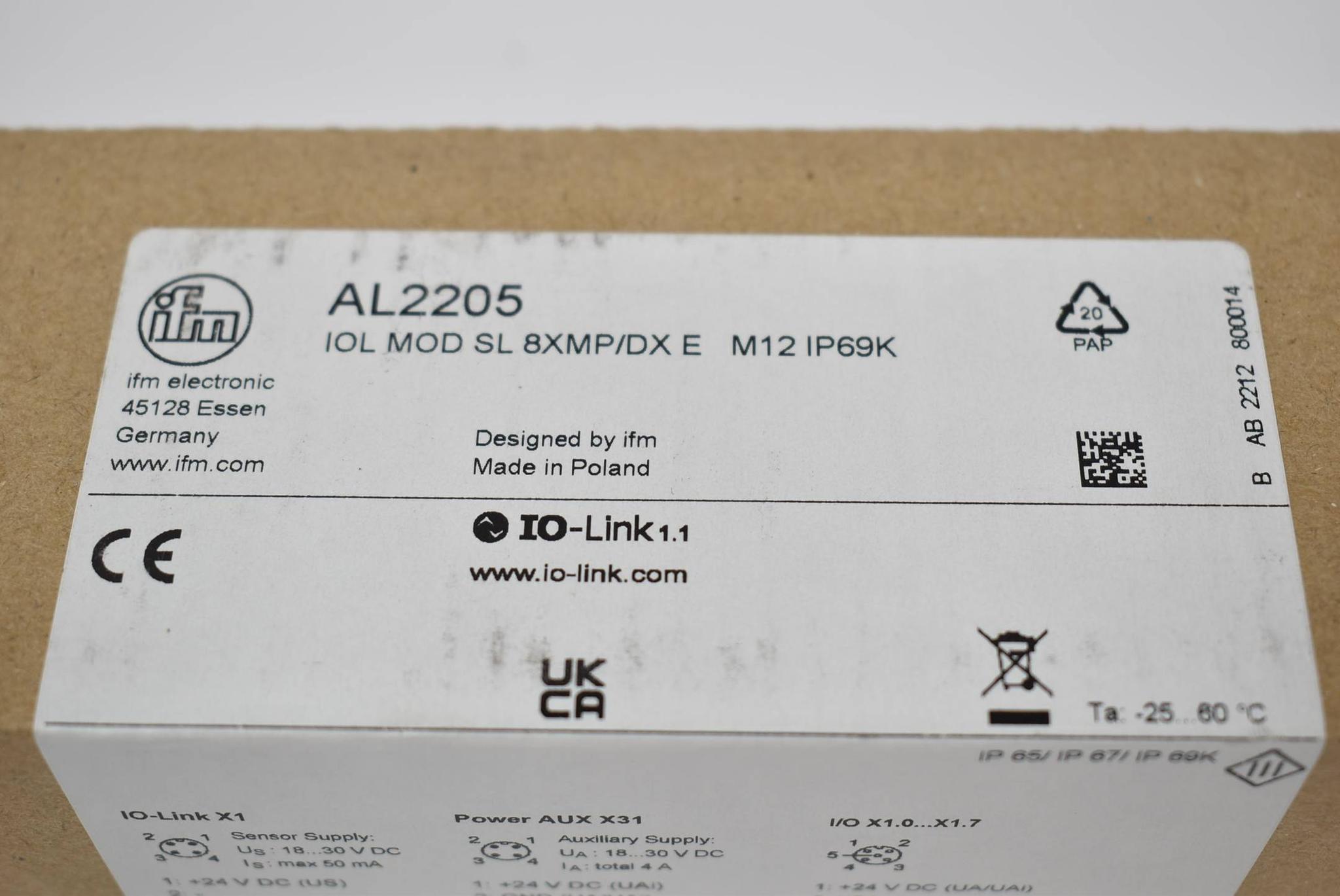 Produktfoto 2 von IFM IO-Link-Eingangs-/Ausgangsmodul AL2205 IOL MOD SL 8XMP/DX E M12 IP69K