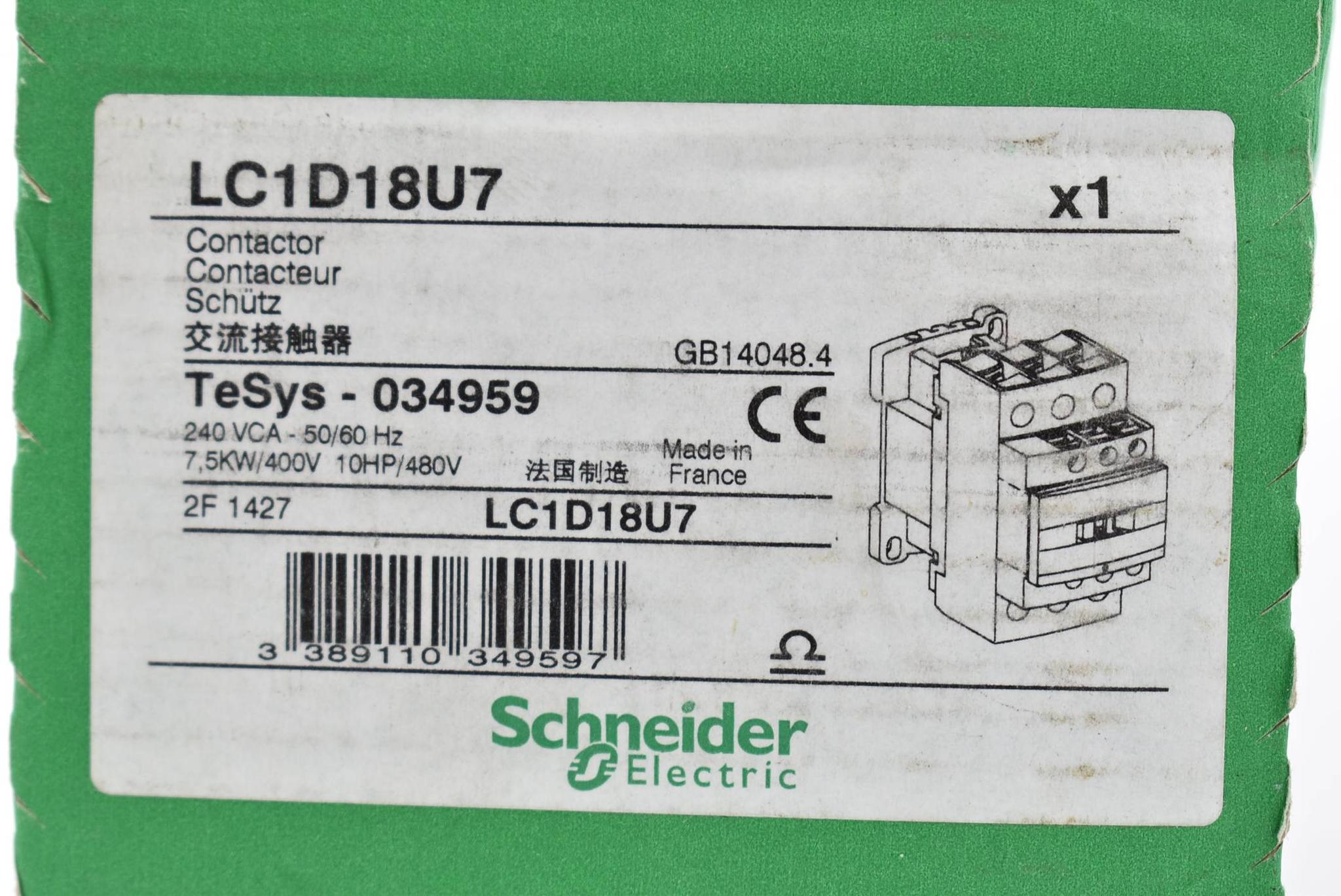 Produktfoto 1 von Schneider electric Leistungsschütz 240VAC 50/60Hz 7,5kW/400V 10HP/480V LC1D18U7