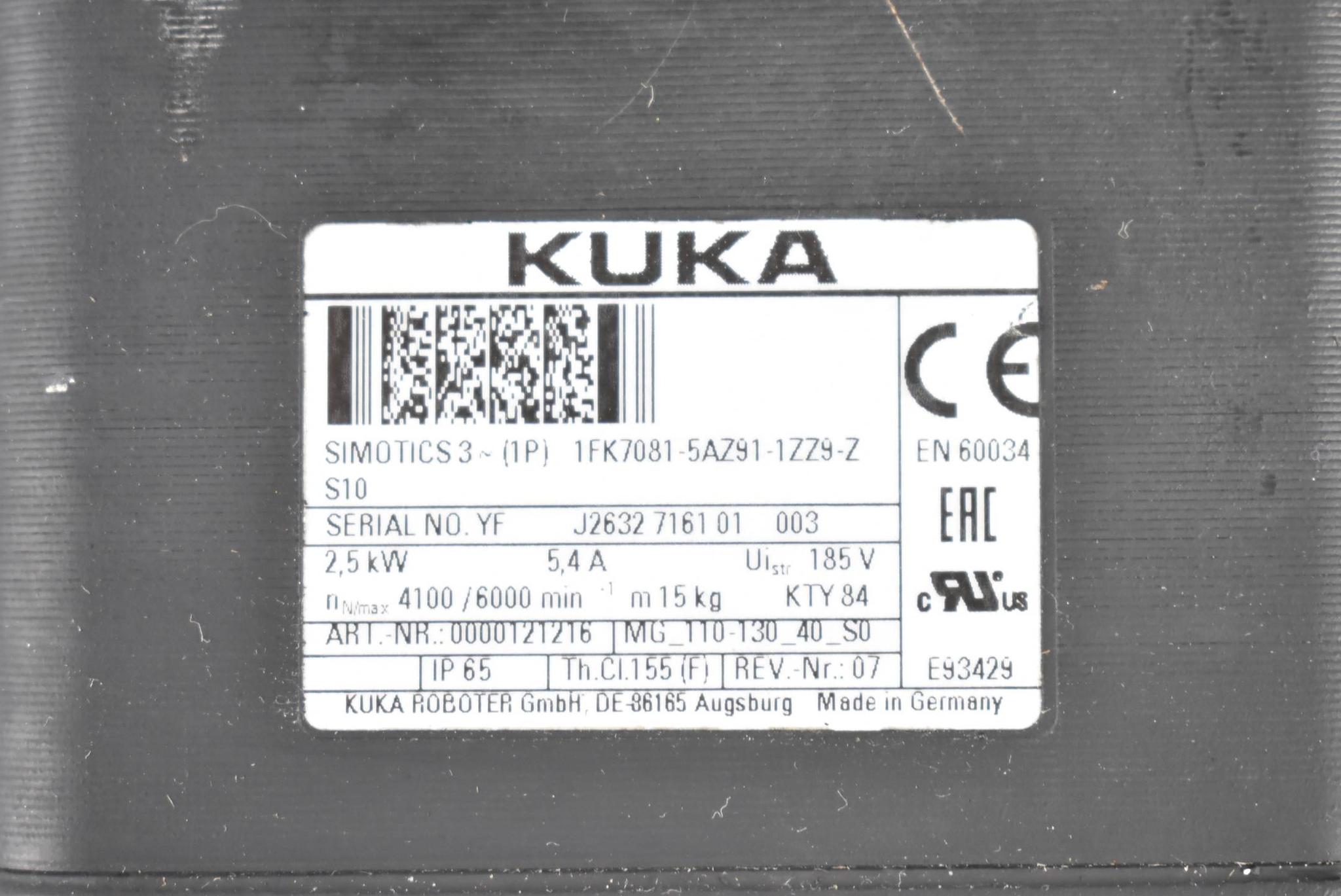 Produktfoto 3 von KUKA Servomotor 2,5kW 5,4A 4100rpm 1FK7081-5AZ91-1ZZ9-Z S10