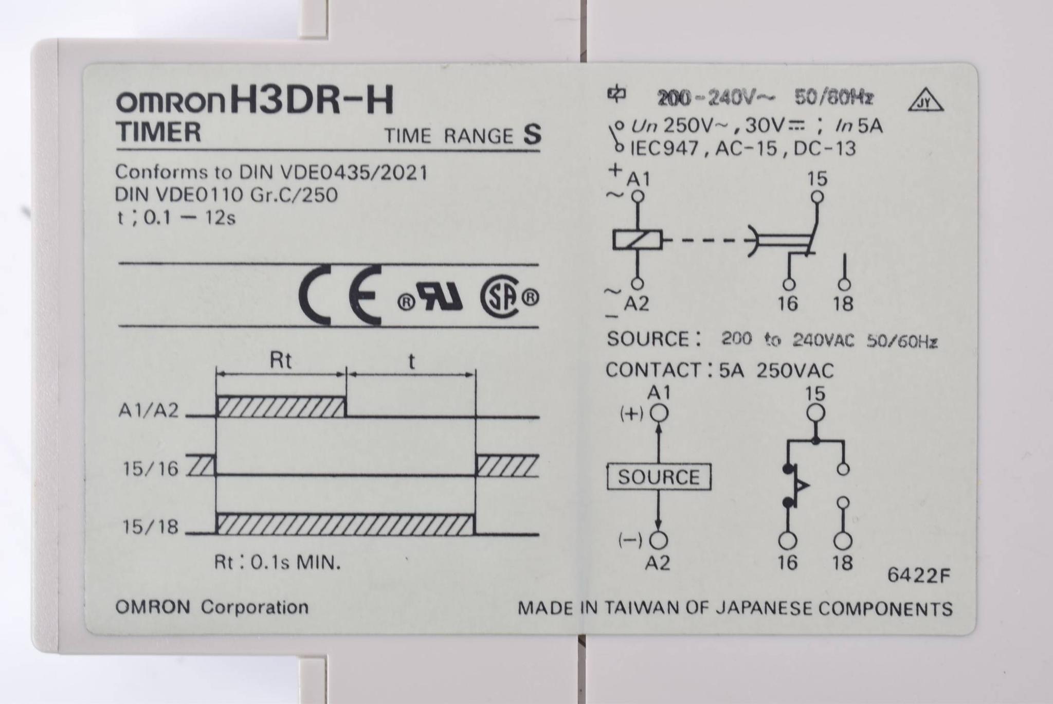 Produktfoto 2 von Omron Ausschalt-Verzögerung Timer 0,1-12s 200-240V 50/60Hz H3DR-H