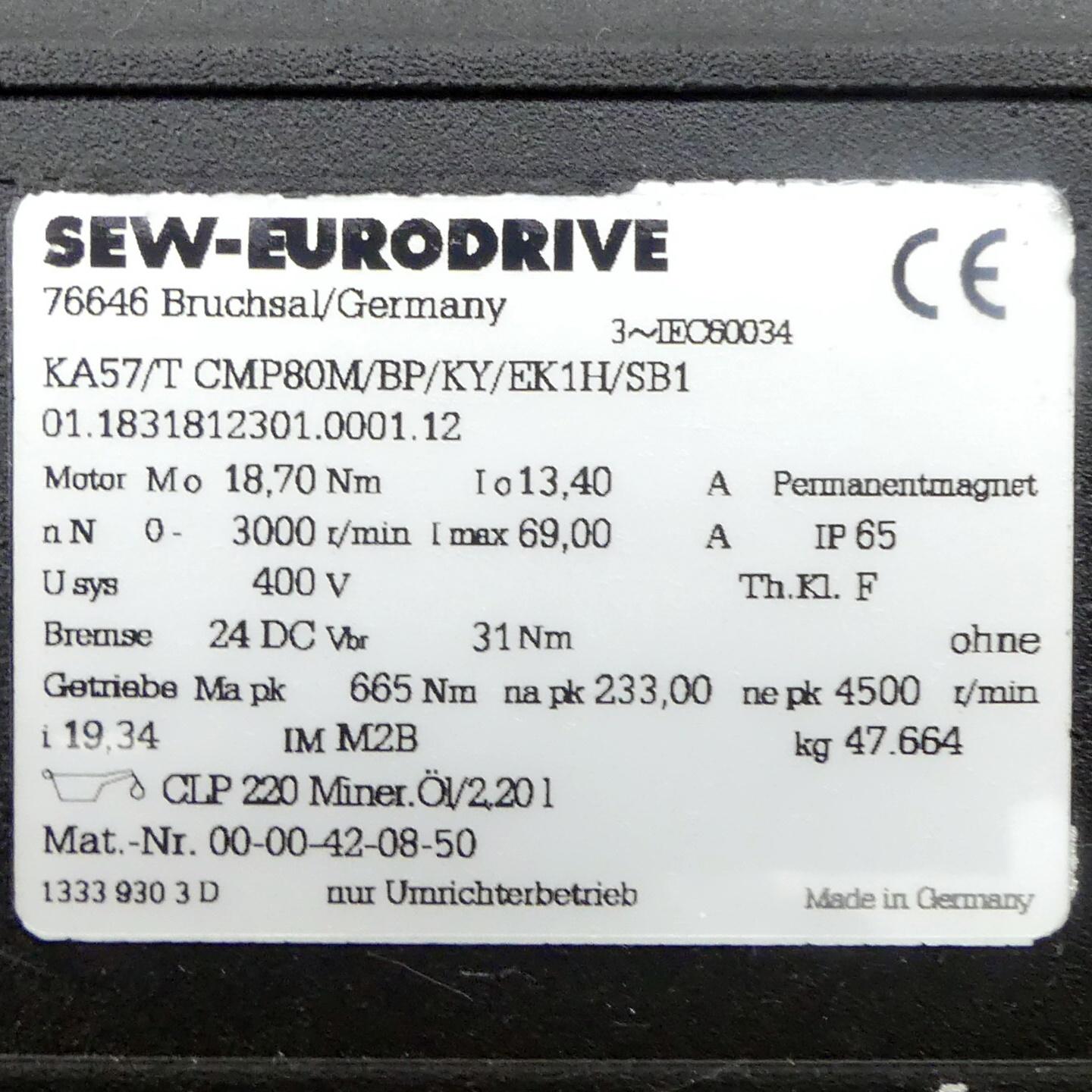 Produktfoto 2 von SEW-EURODRIVE Getriebemotor KA57/T CMP80M/BP/KY/EK1H/SB1