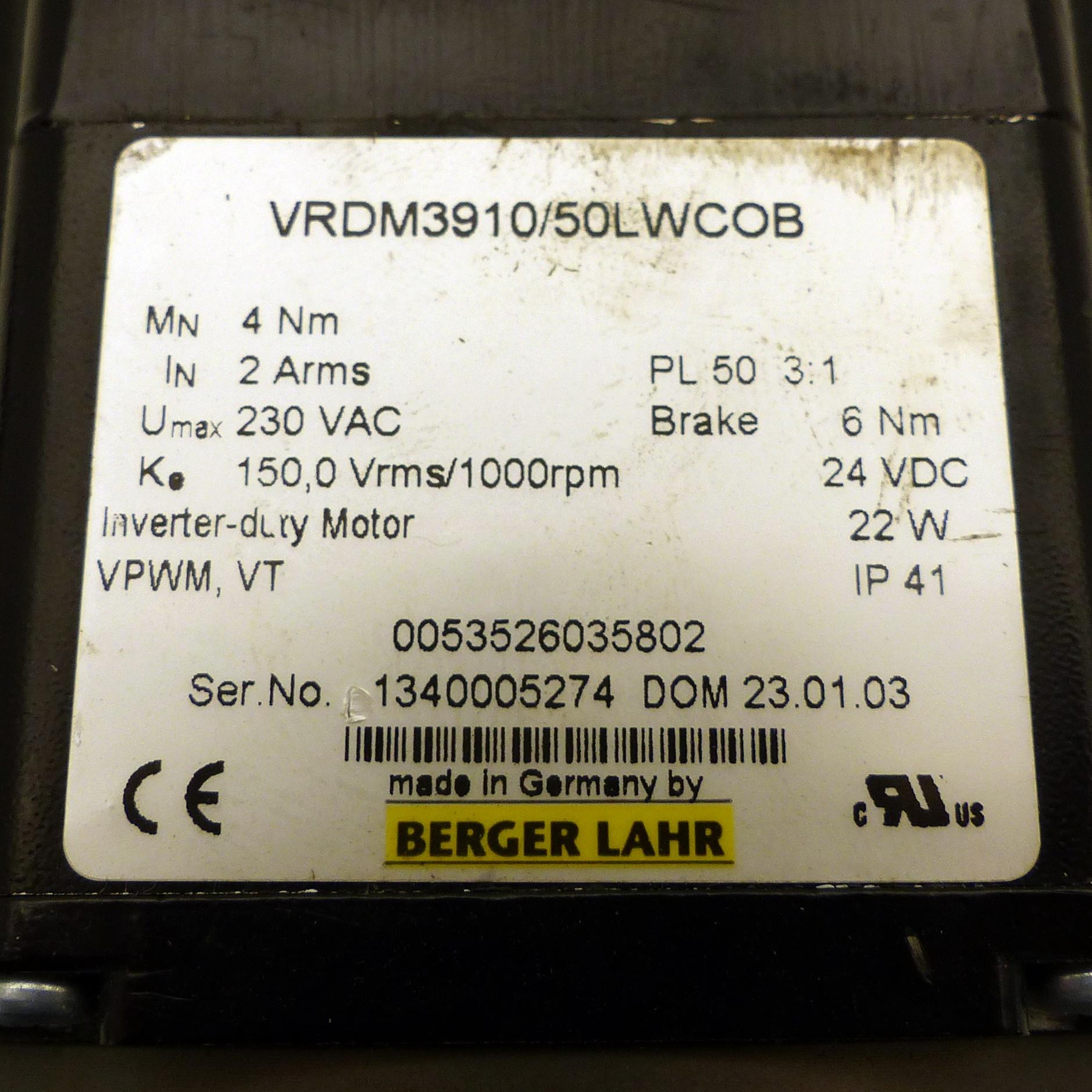 Produktfoto 2 von BERGER LAHR Inverter-duty Motor VRDM3910/50LWCOB mit Getriebe PL 50/ PL 85