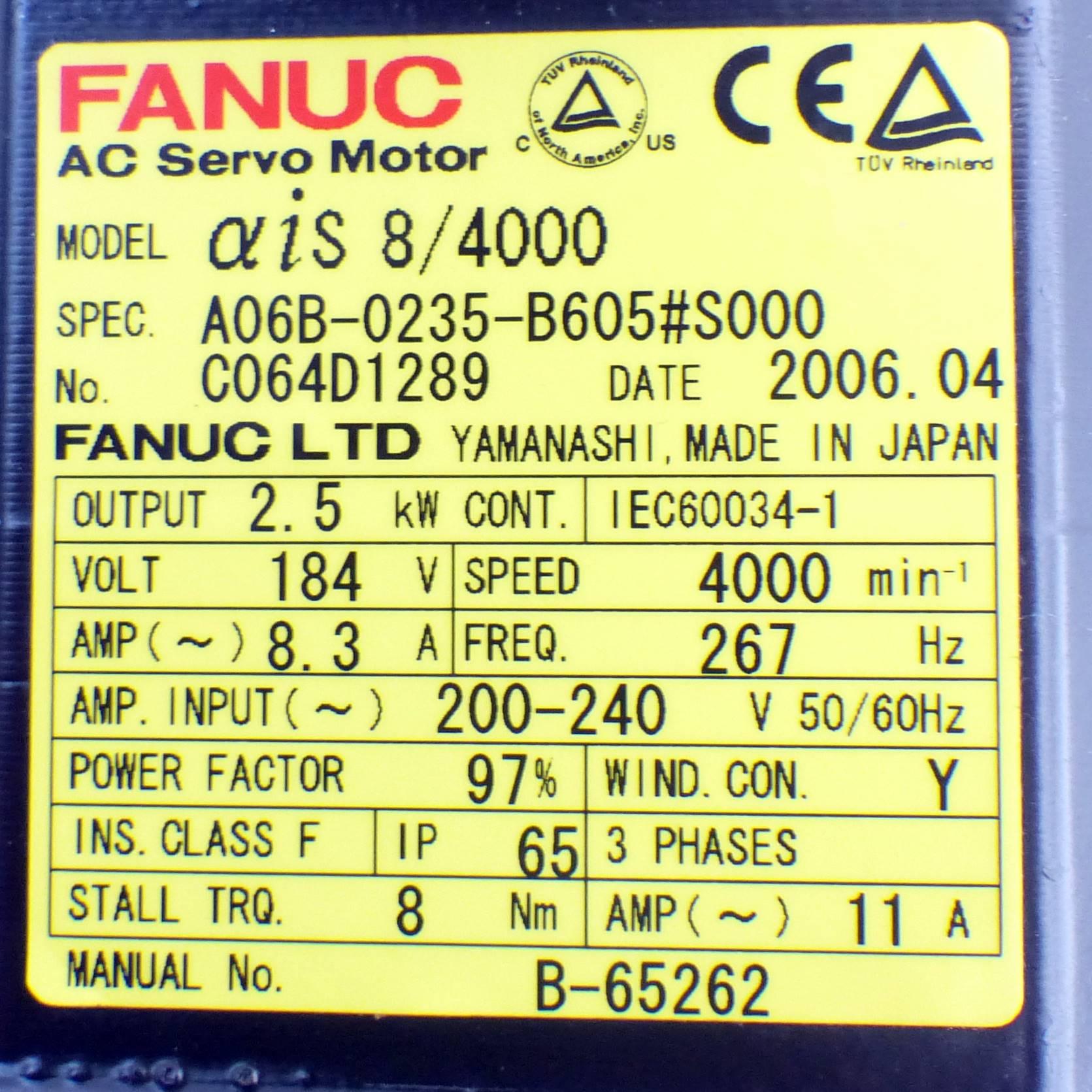 Produktfoto 2 von FANUC AC Servo Motor Alpha is 8/4000