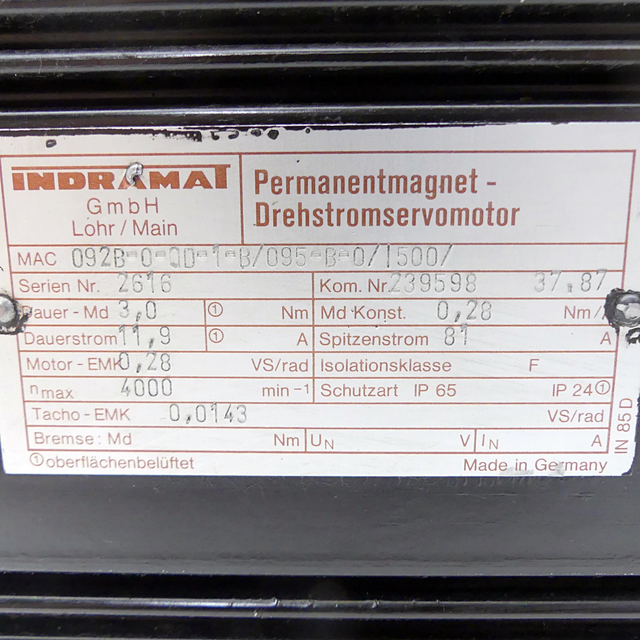 Produktfoto 2 von INDRAMAT Permanentmagnet Drehstromservomotor 092B-0-0D-1-B/095-B-0/I500/