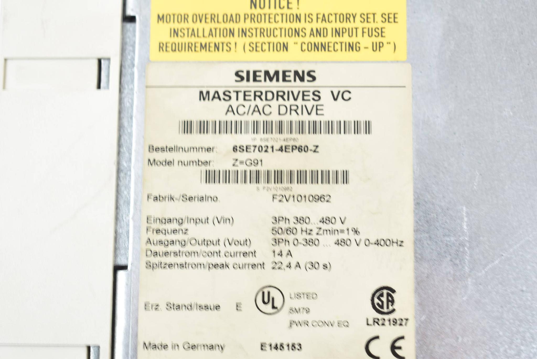 Produktfoto 4 von Siemens Masterdrives VC AC/DC Drive 6SE7021-4EP60-Z ( 6SE7 021-4EP60-Z ) E.E