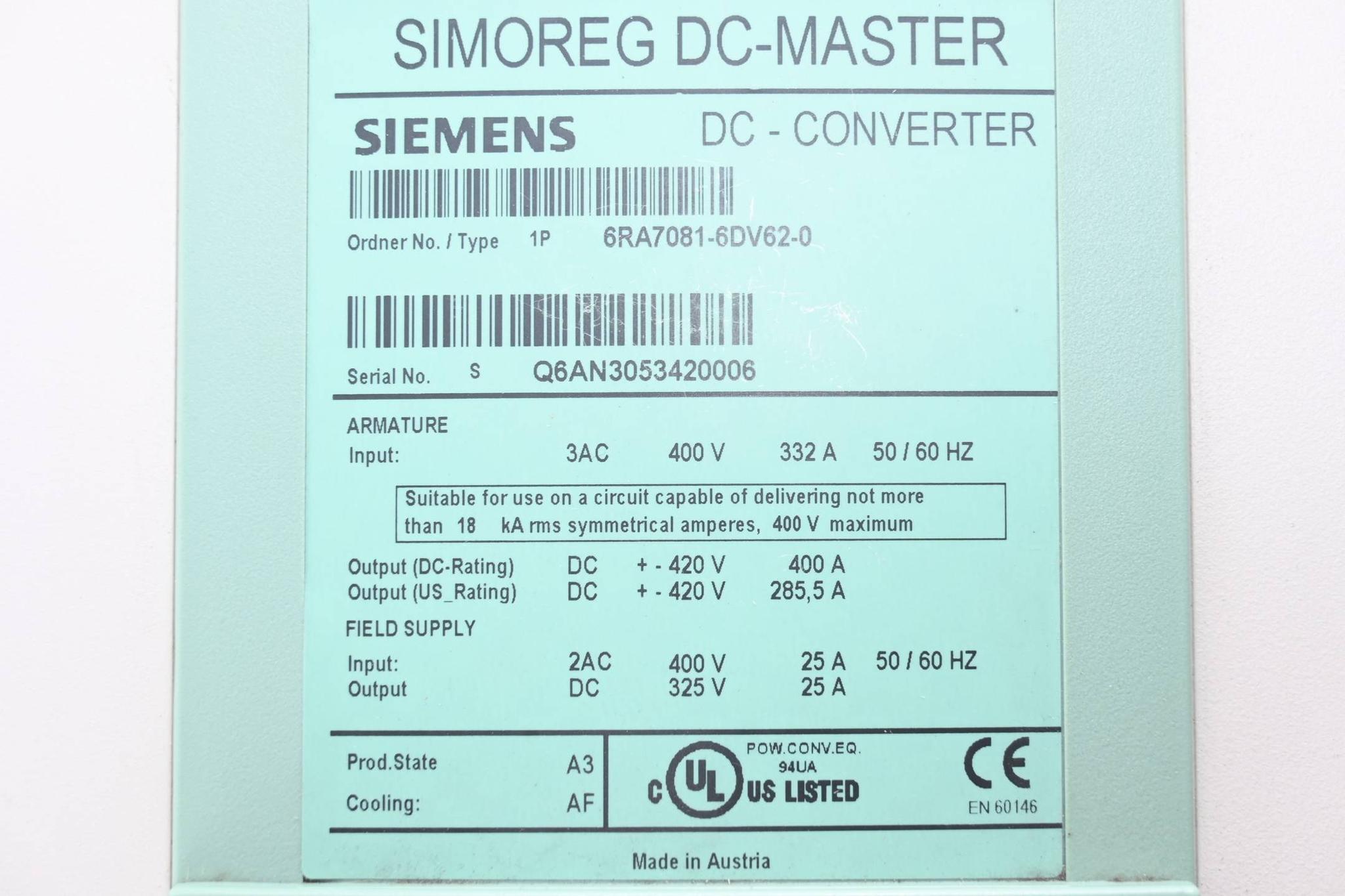 Produktfoto 4 von Siemens Simoreg DC-Master DC-Converter 6RA7081-6DV62-0 ( 6RA7 081-6DV62-0 )A3