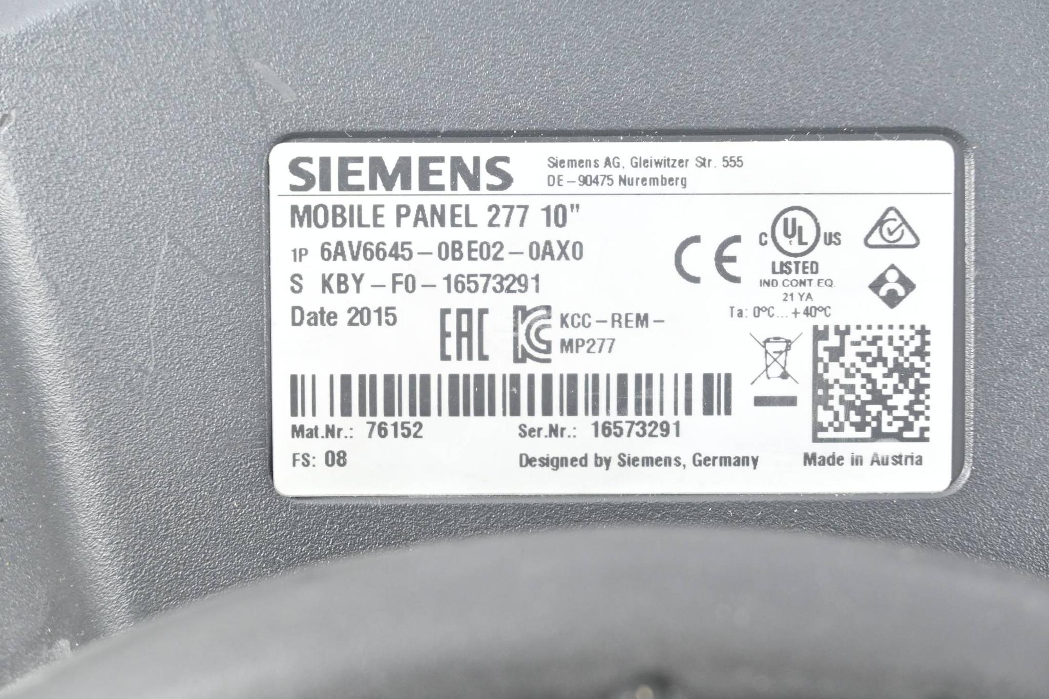 Produktfoto 3 von Siemens Mobile Panel 277 10" 6AV6645-0BE02-0AX0 ( 6AV6 645-0BE02-0AX0 )E.08